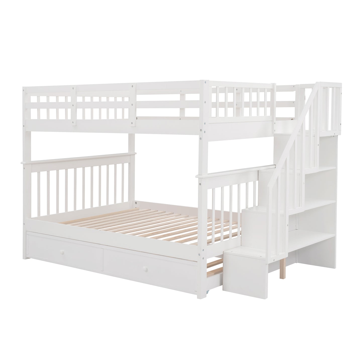 Stairway Full-Over-Full Bunk Bed with Twin Trundle, Storage and Guard Rail - White Oasis for Bedroom