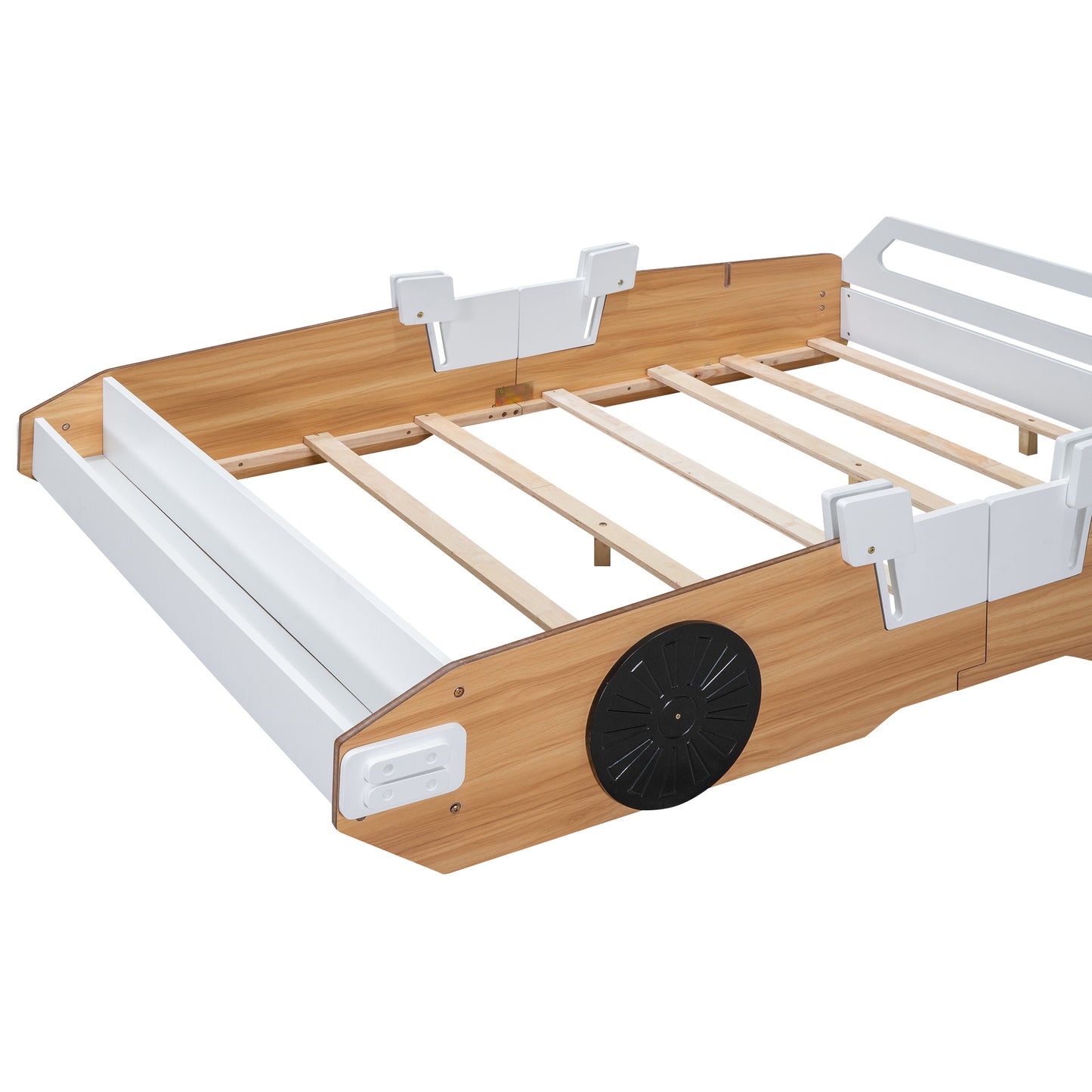 Wood Full Size Racing Car Bed with Door Design and Storage, Natural+White+Black