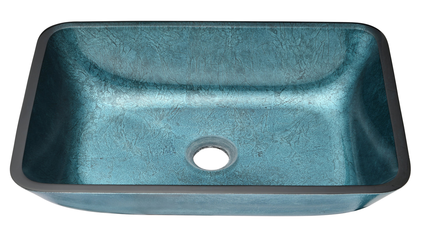 Handcrafted Blue Glass Rectangular Vessel Sink Set with Matte Black Faucet and Pop-Up Drain