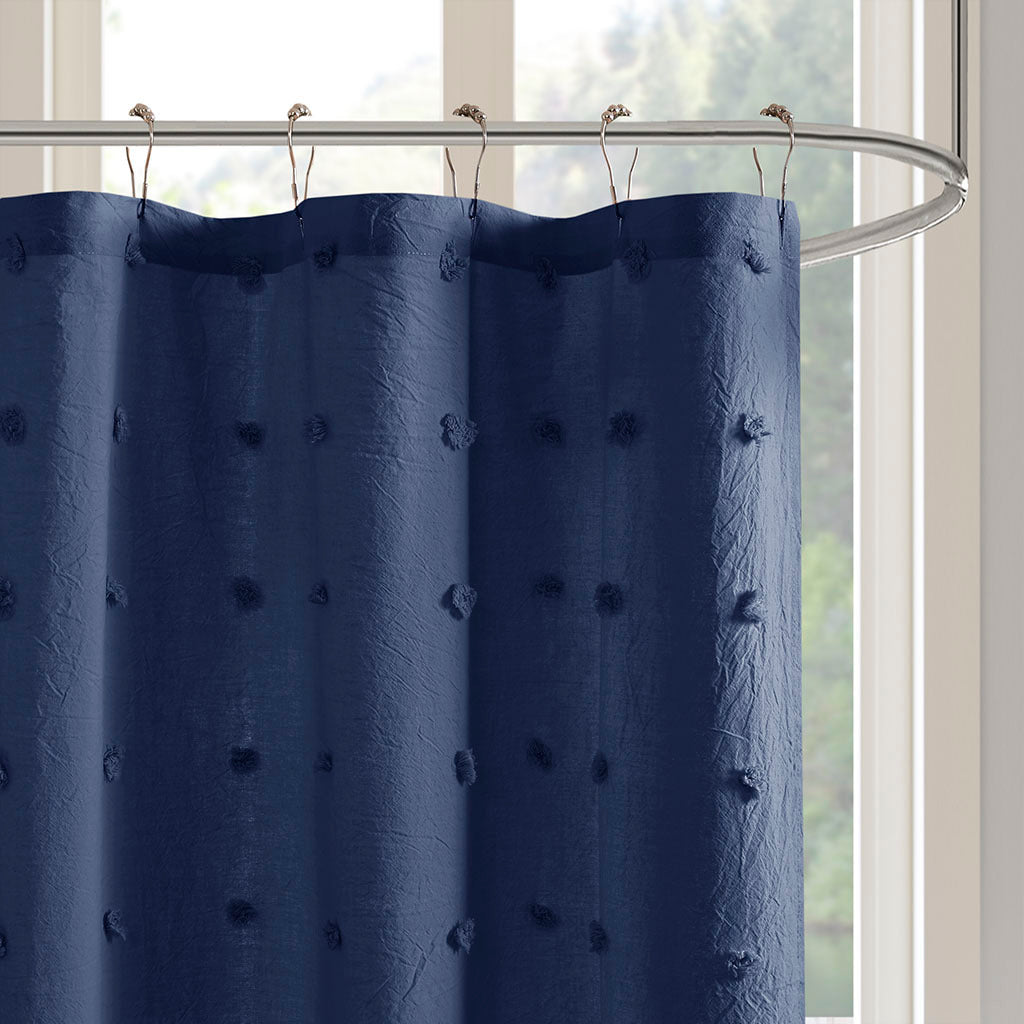 Indigo Blue Cotton Shower Curtain with Pompom Detail