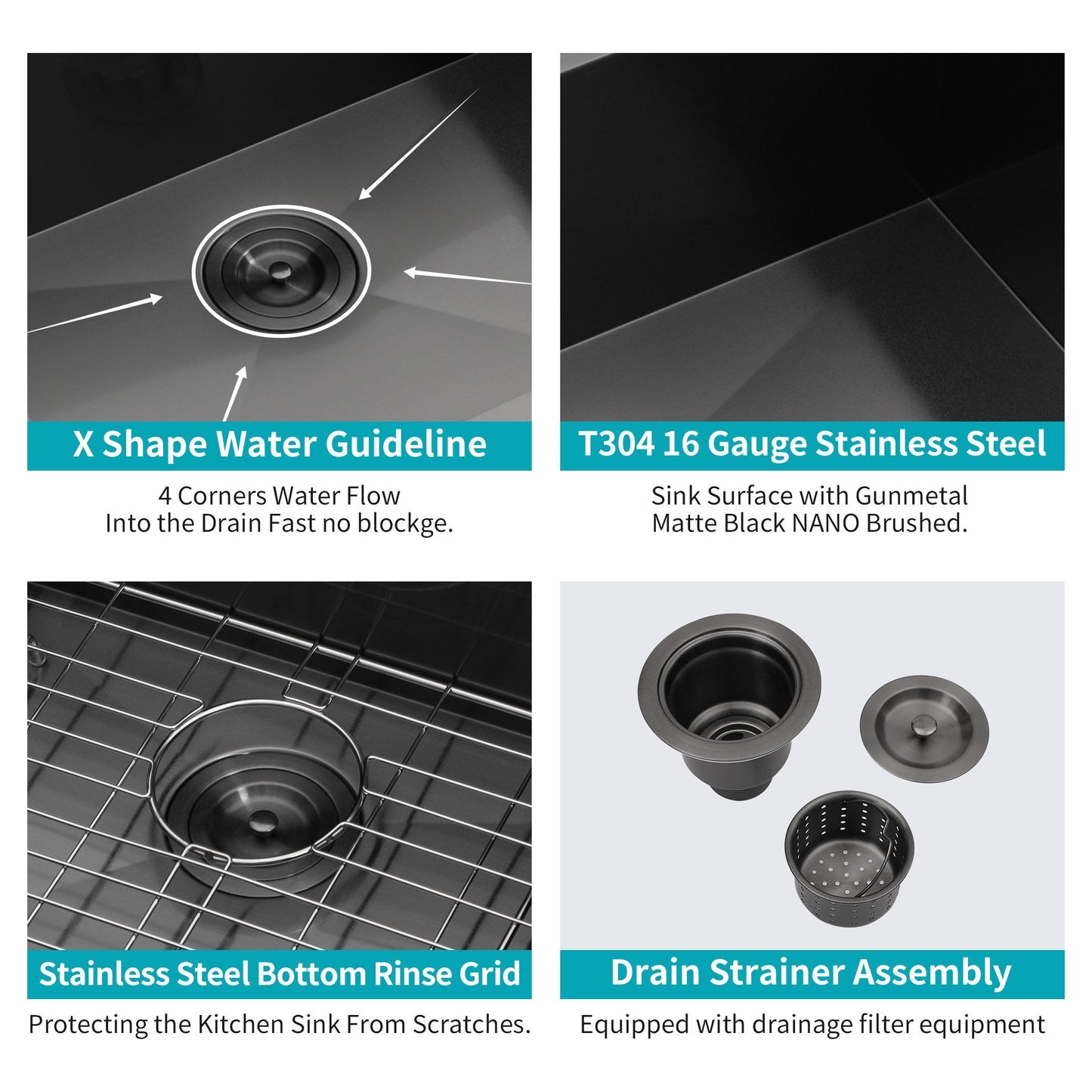 Gunmetal Black Undermount Kitchen Sink - 30x 18x 9 Stainless Steel Single Basin