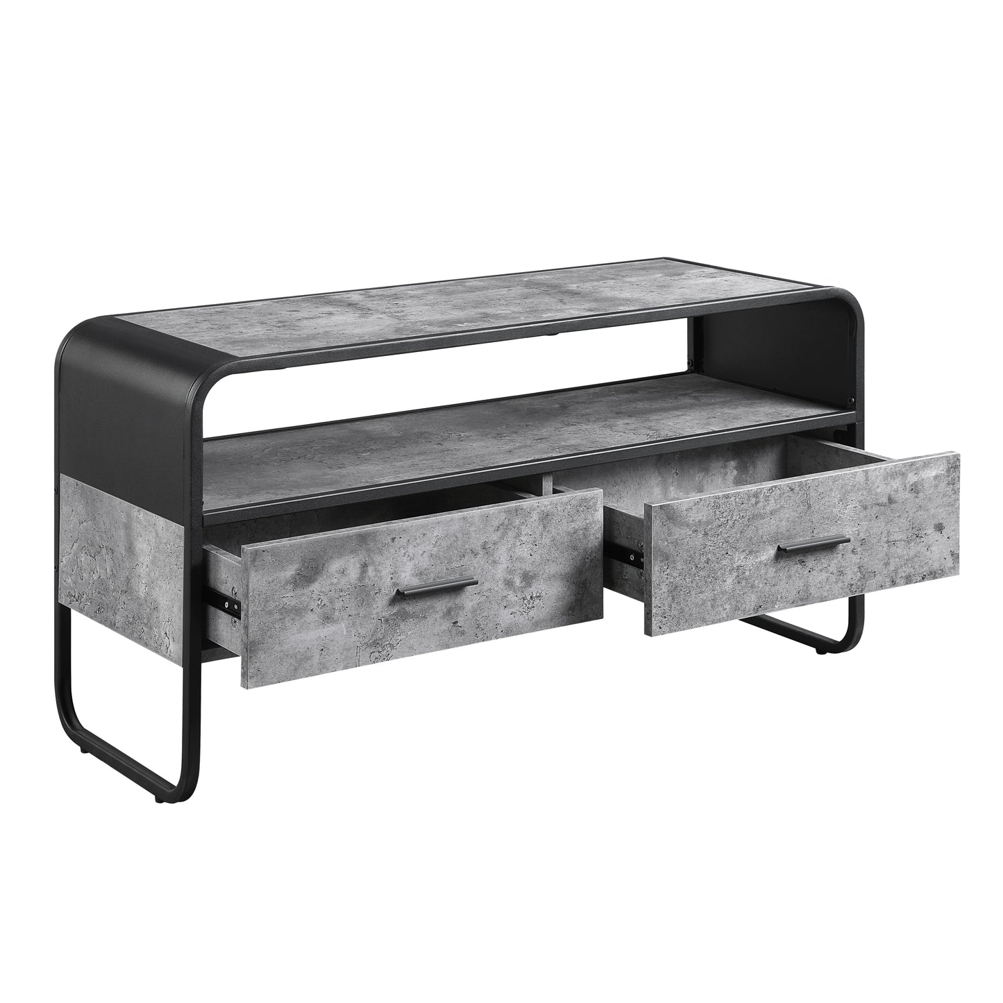 Modern TV Stand with Faux Concrete Shelves in Gray & Black Finish