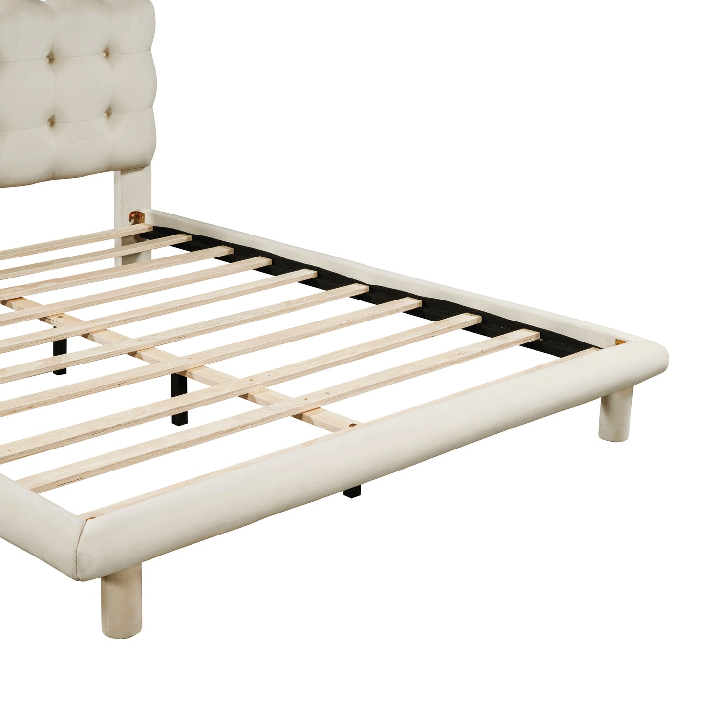 Queen Size Velvet Platform Bed with LED Frame, Thick & Soft Fabric and Button-tufted Design Headboard, Beige