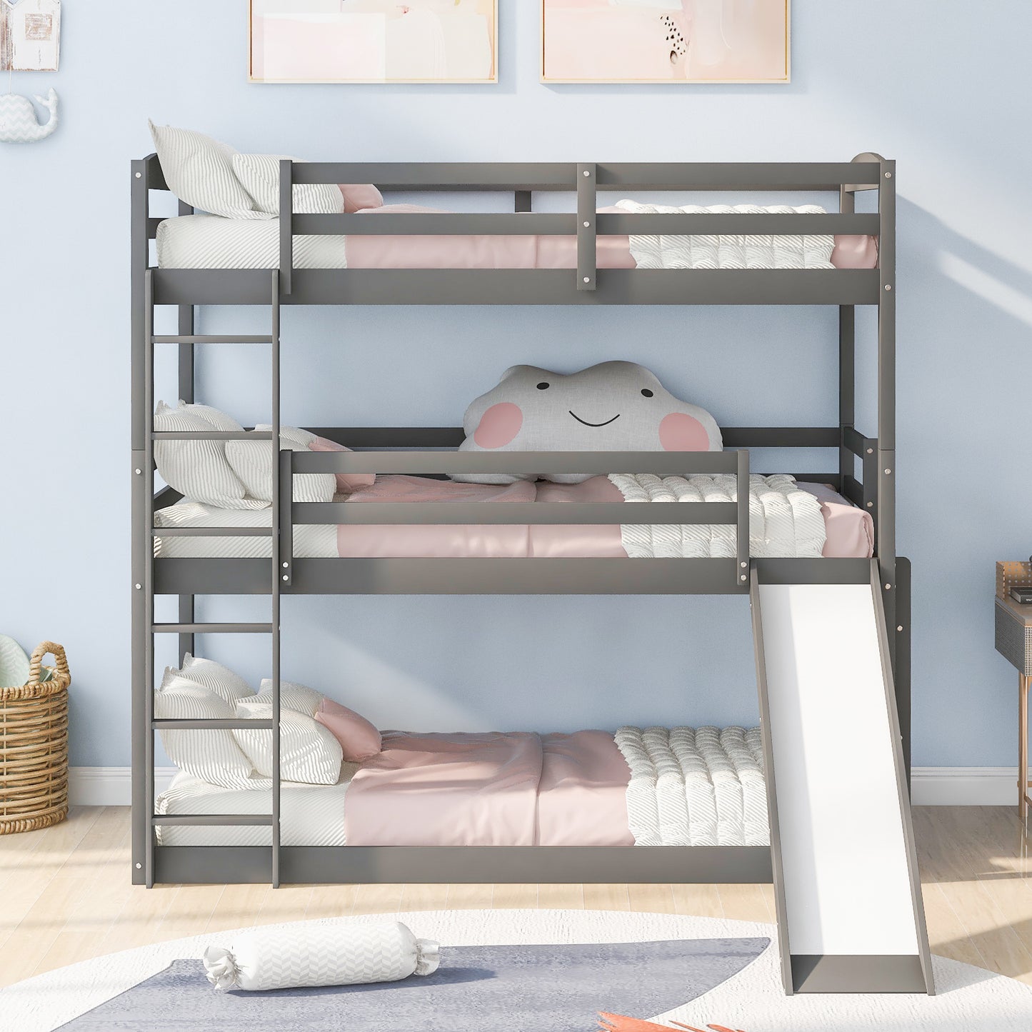 Adjustable Gray Triple Bunk Bed with Ladder, Slide, and Twin Size (OLD SKU: SM000508AAE)