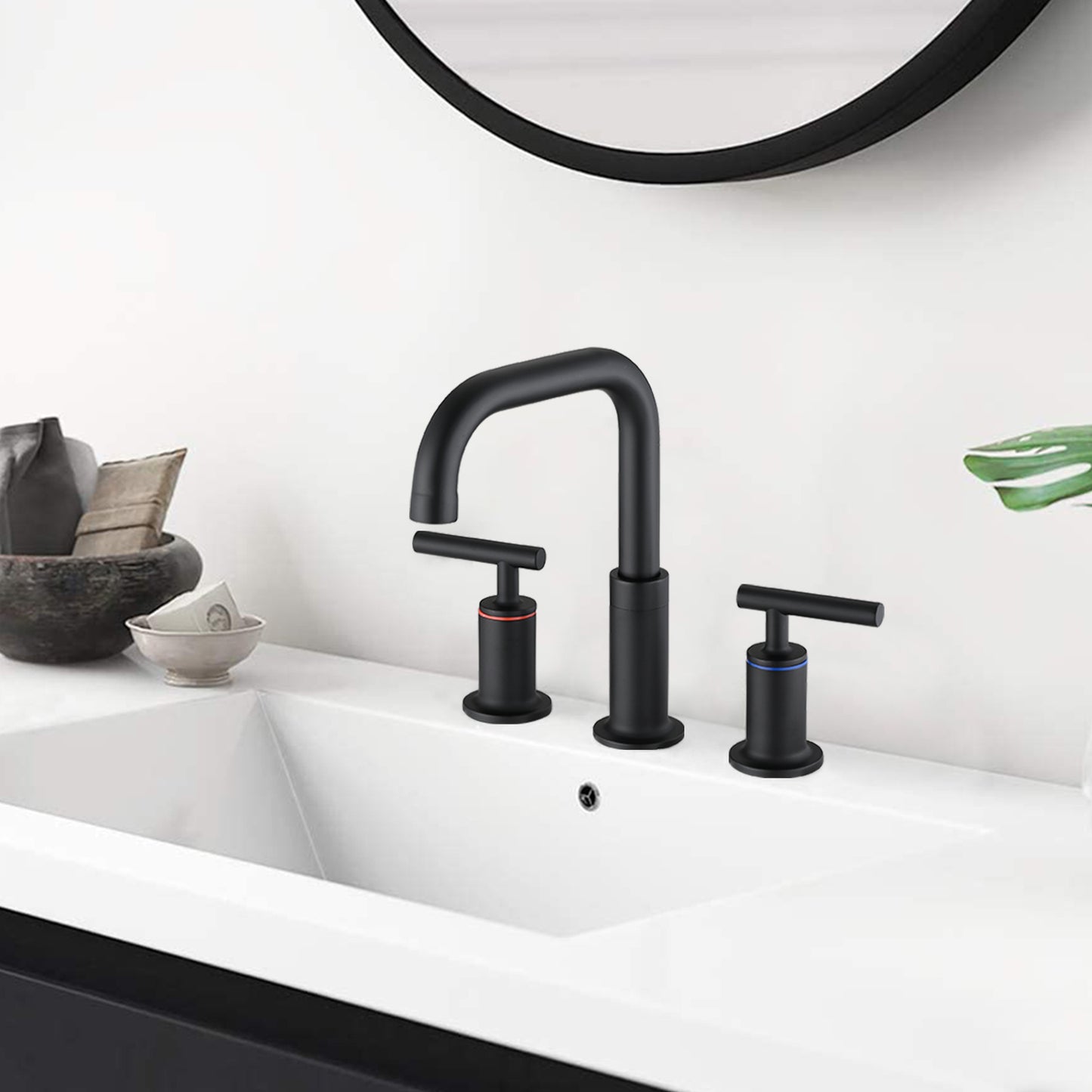 Matte Black 8 in. Widespread Bathroom Faucet with Double Handles and Pop Up Drain