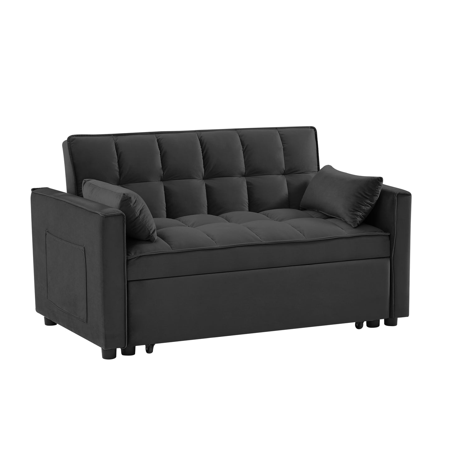 Modern Velvet Loveseat Futon Sofa Couch w/Pullout Bed, Small Love Seat Lounge Sofa w/Reclining Backrest, Toss Pillows, Pockets, Furniture for Living Room,3 in 1 Convertible Sleeper Sofa Bed,  Black