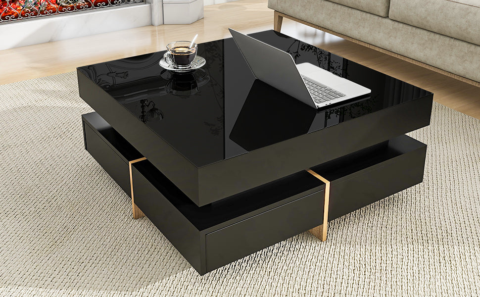 Modern Sleek Black Coffee Table with Wood Grain Legs and 4 Drawers, Square Multi-Storage Center Table for Living Room, 31.5''x31.5'', Black