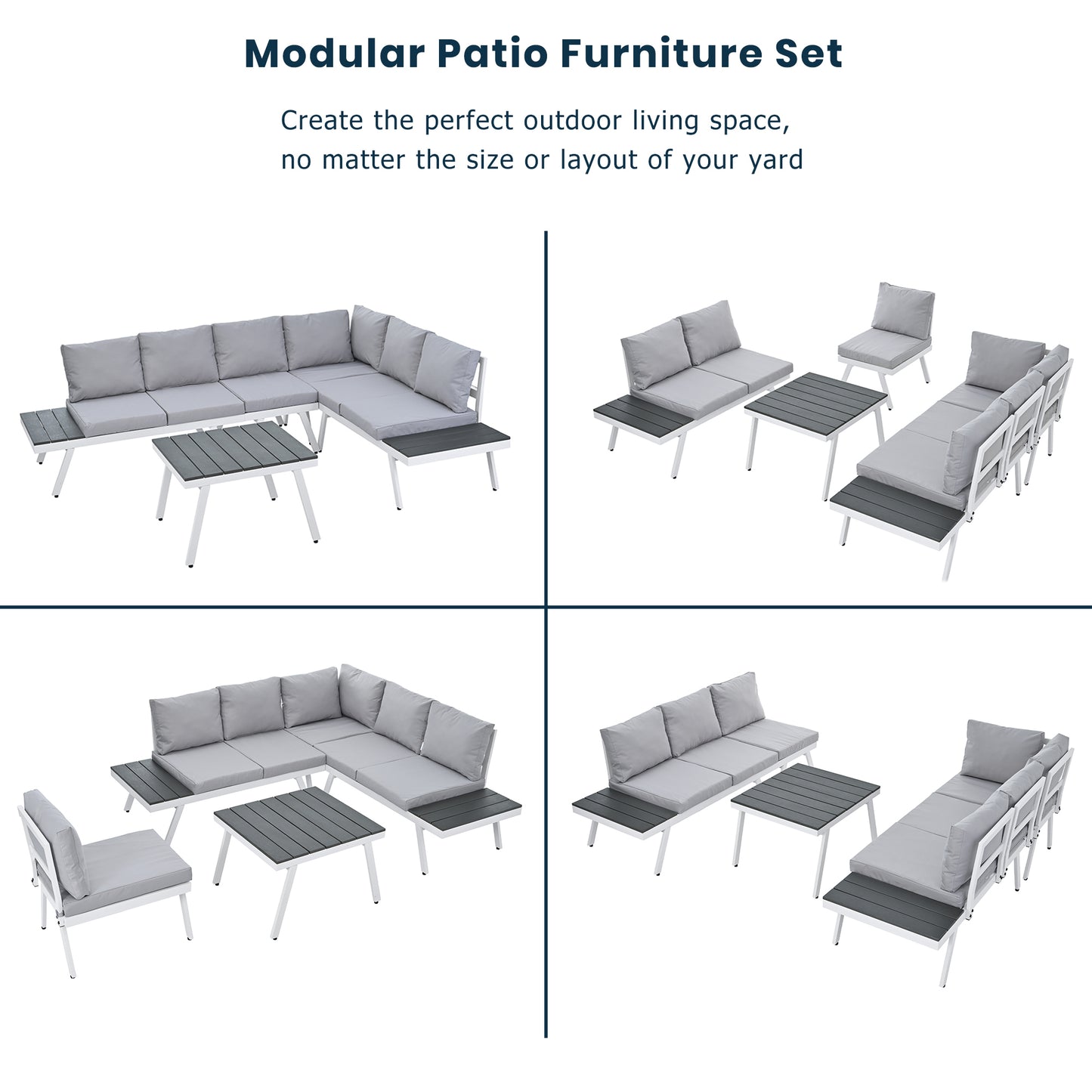 Aluminum Outdoor Patio Furniture Set with End Tables and Coffee Table, White and Grey Sectional Sofa Set