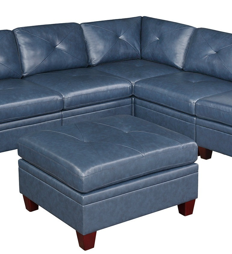 Luxurious Ink Blue Leather Modular 7pc Sofa Set with Ottoman