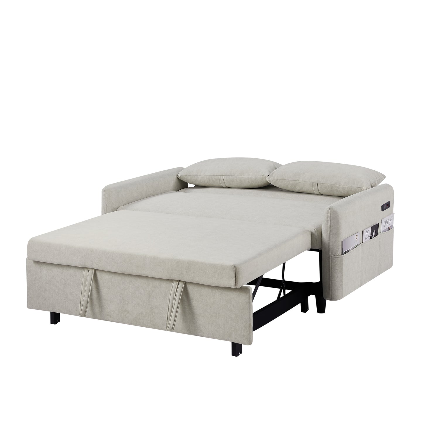 Adjustable Pull Out Sleep Sofa Bed Loveseat Couch with Storage Pockets, USB Ports, Beige