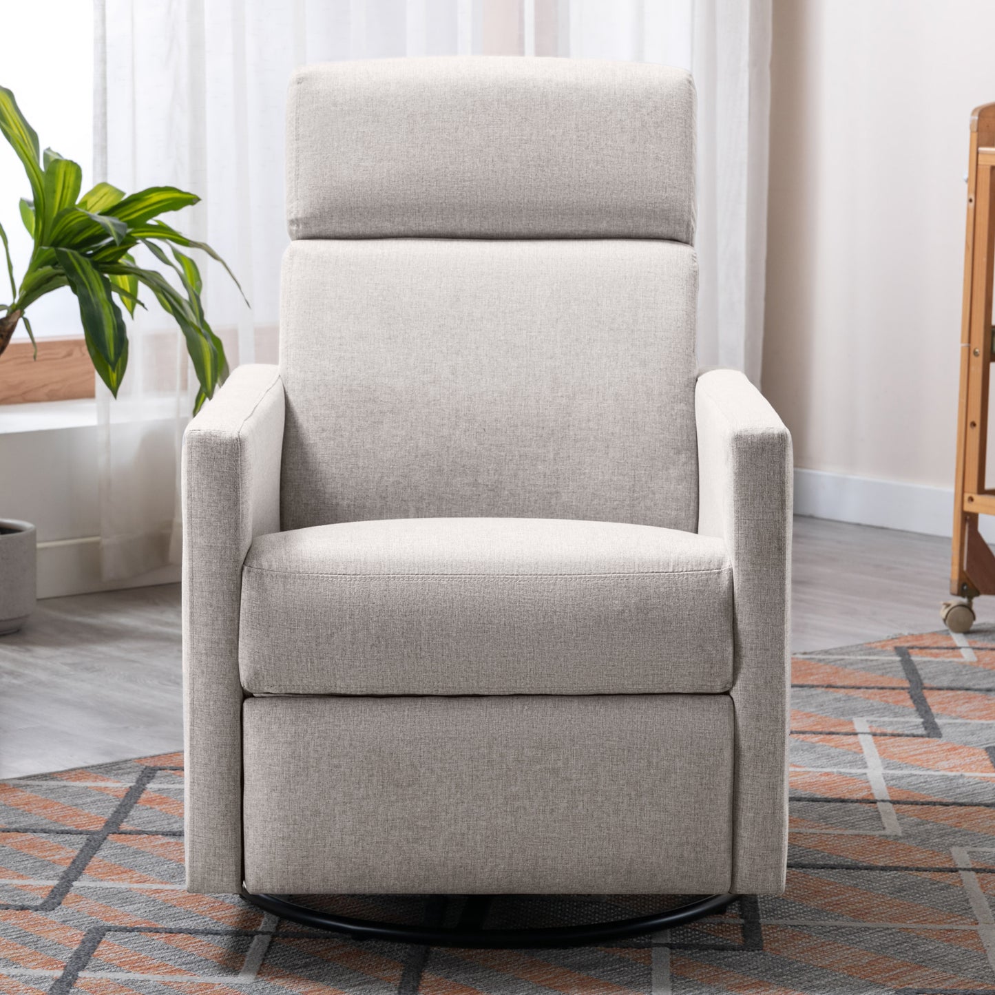 Modern Tan Upholstered Nursery Rocker Chair with Swivel Recliner