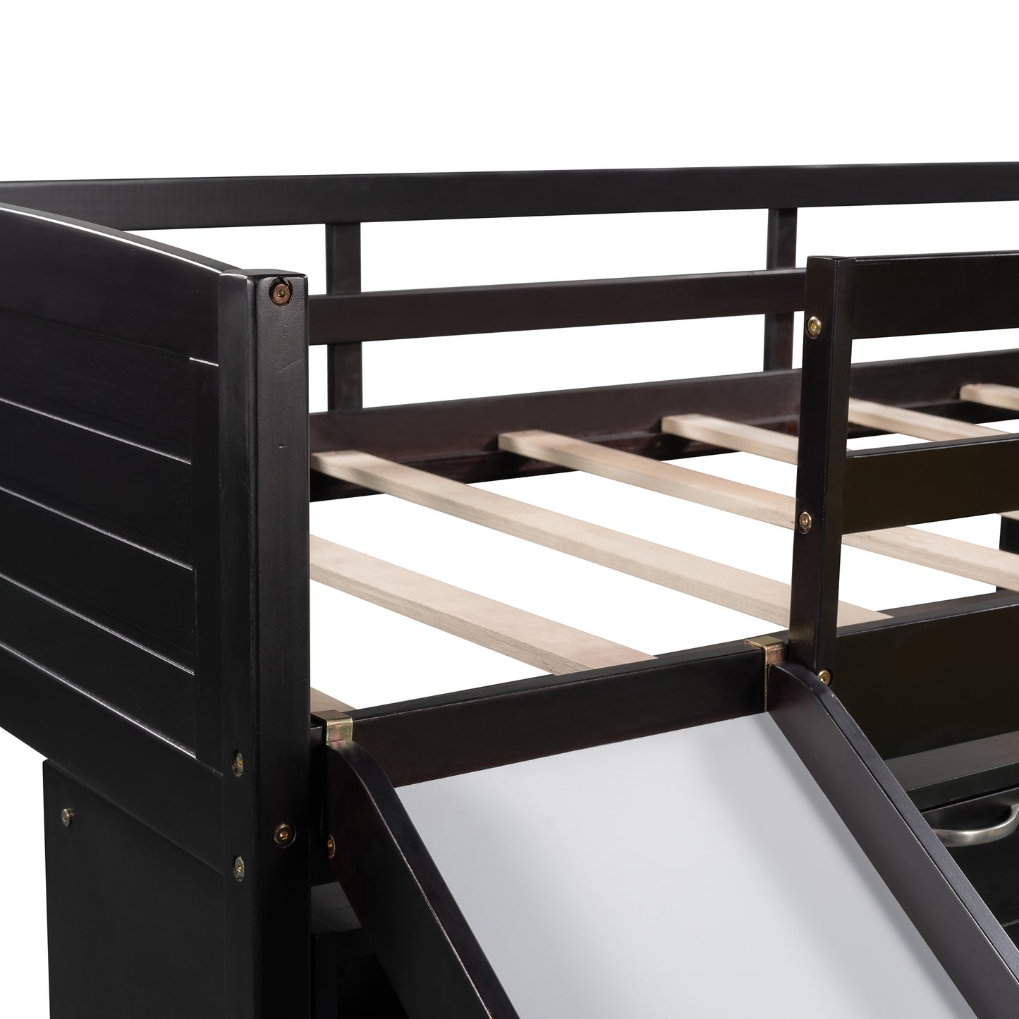 Low Twin Size Loft Bed with Cabinets, Shelves and Slide - Espresso