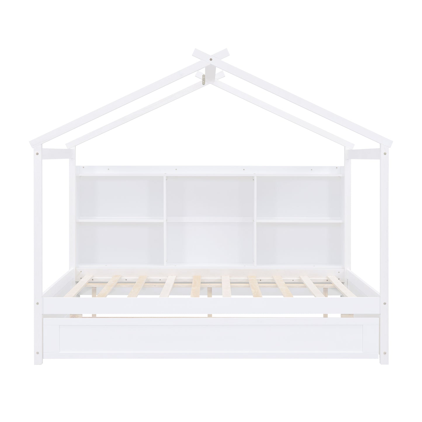 Full Size House Bed with Storage Shelves and Twin Size Trundle, Brushed White