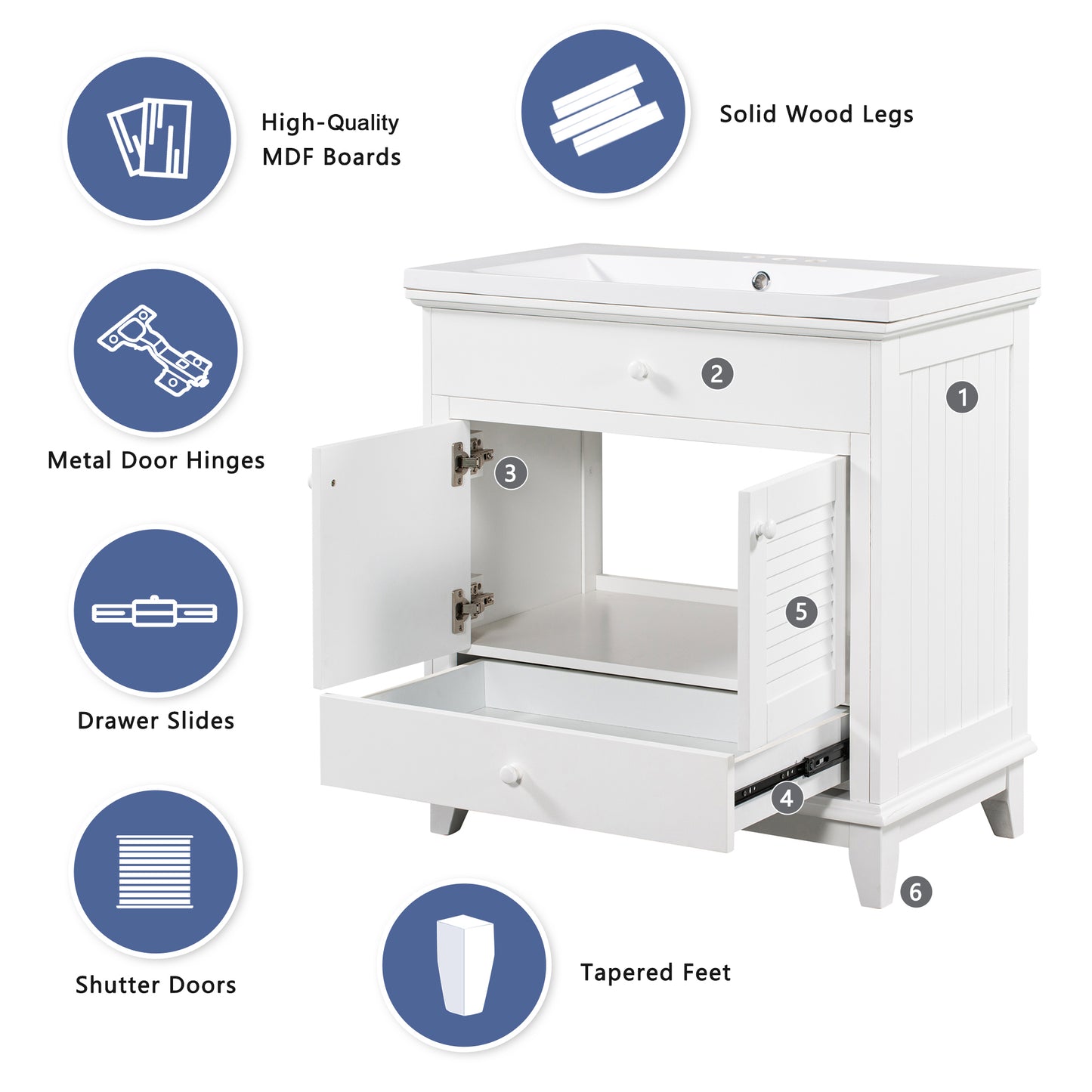 30" Bathroom Vanity with Sink, Bathroom Cabinet with Two Doors and One Drawer, White