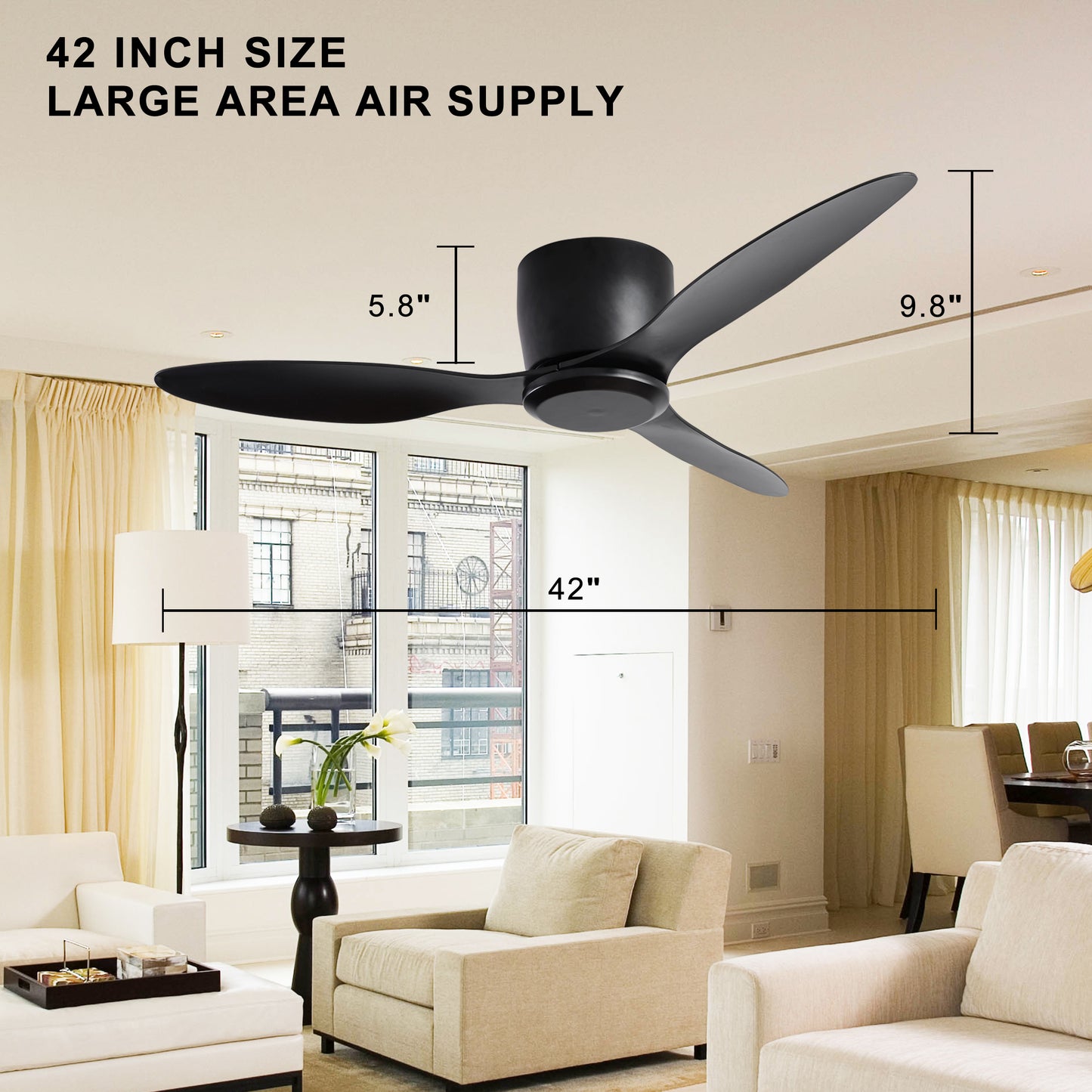 Quiet 42 Black Flush Mount Ceiling Fan with 6 Speeds Reversible Motor