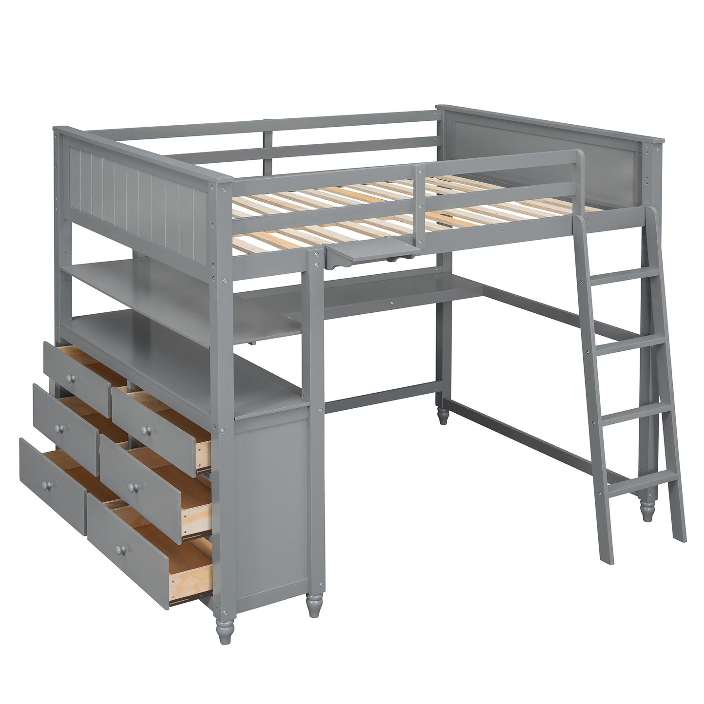 Full size Loft Bed with Drawers and Desk, Wooden Loft Bed with Shelves - Gray