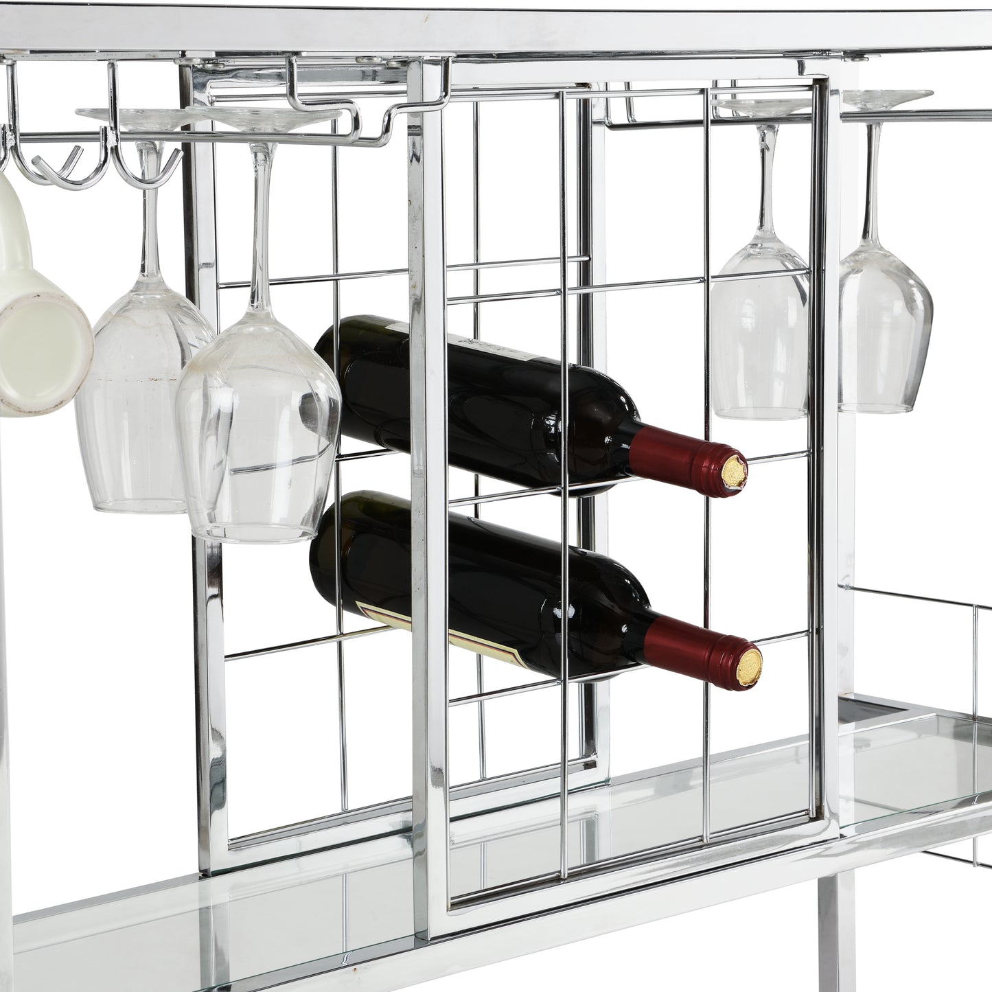 Bar Cart Kitchen Bar&Serving Cart for Home with Glass Holder and Wine Rack, 3-Tier Kitchen Trolley with Tempered Glass Shelves and Chrome-Finished