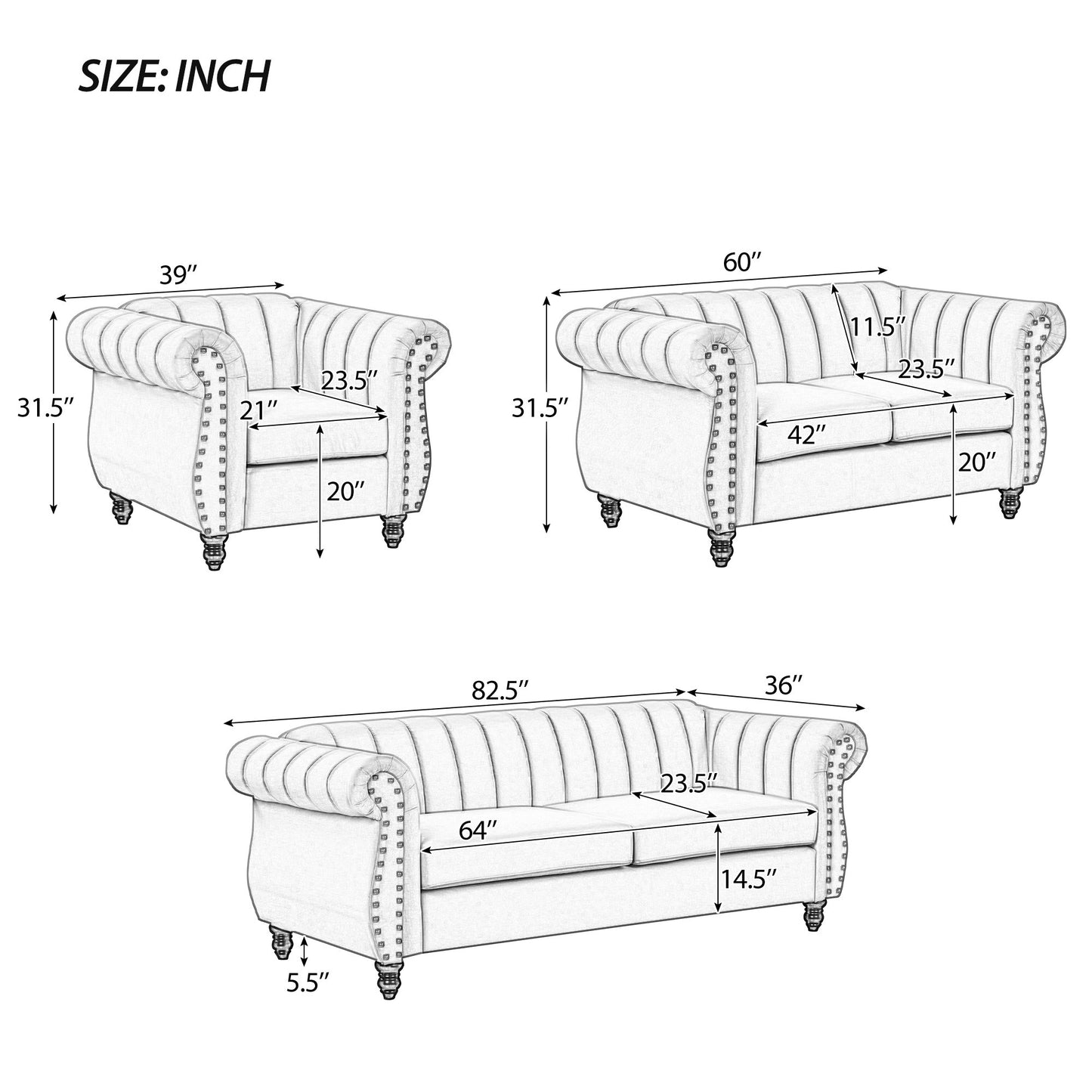 Contemporary Gray Upholstered Sofa with Buttoned Tufted Backrest and Solid Wood Legs