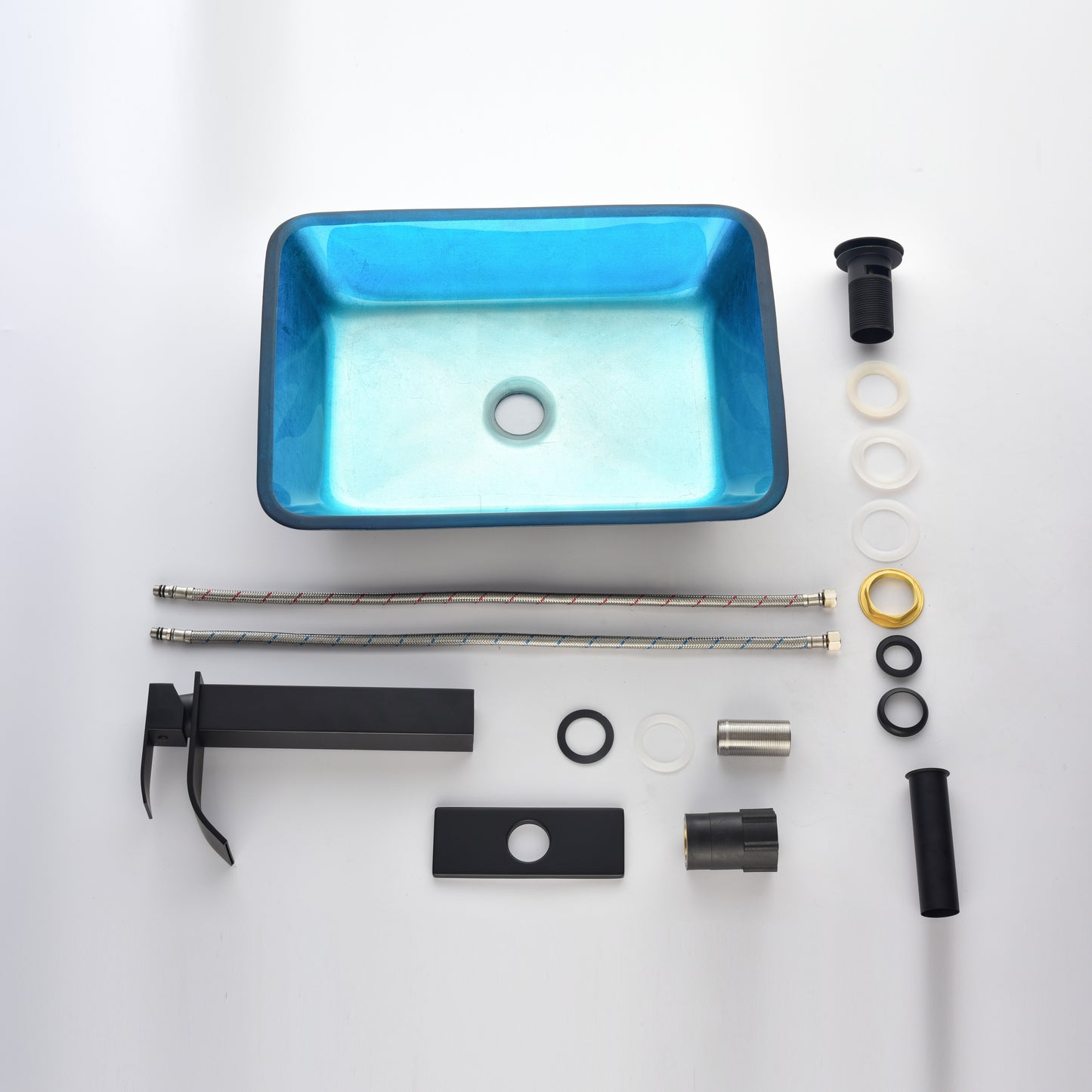 Handcrafted Turquoise Glass Vessel Sink Set with Matte Black Faucet