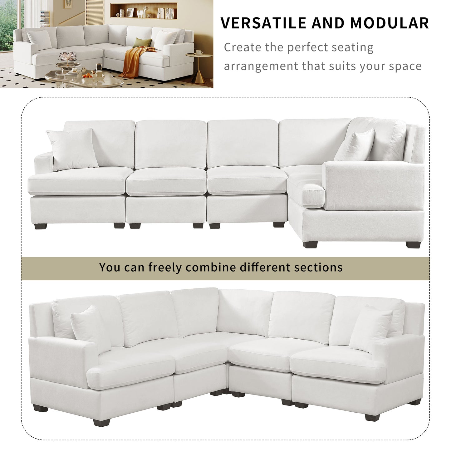 U_Style Sectional Modular Sofa with 2 Tossing cushions and Solid Frame for Living Room