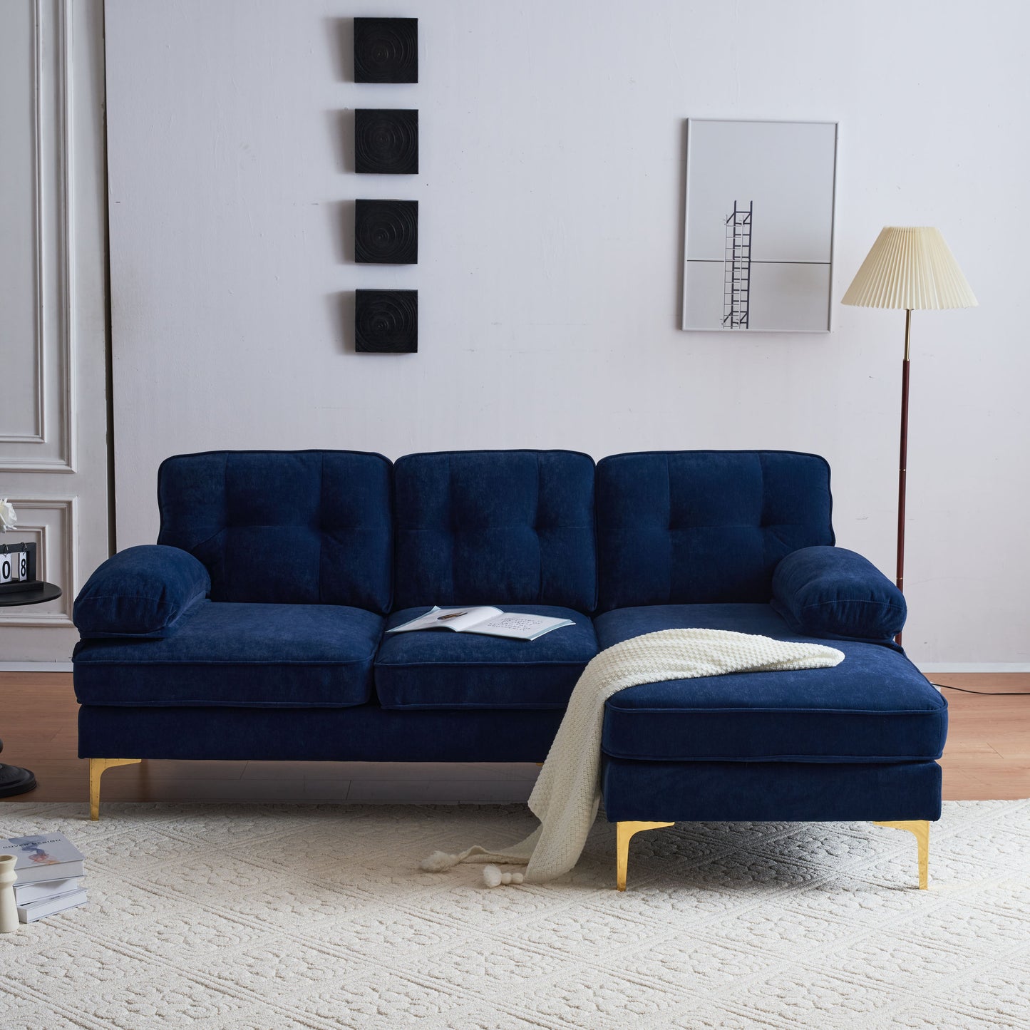 83 Blue Velvet L-Shaped Sectional Sofa with Mid-Century Modern Vibes