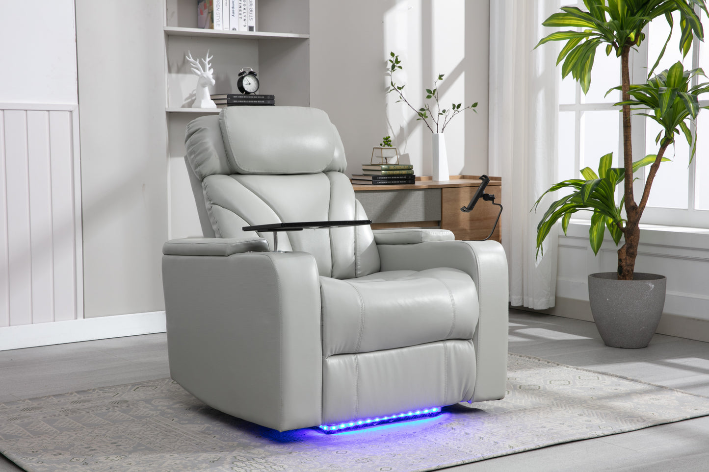 Ergonomic Power Motion Recliner with USB Charging and Hidden Storage, Home Theater Seating with Stereo and Cup Holder (Light Grey)