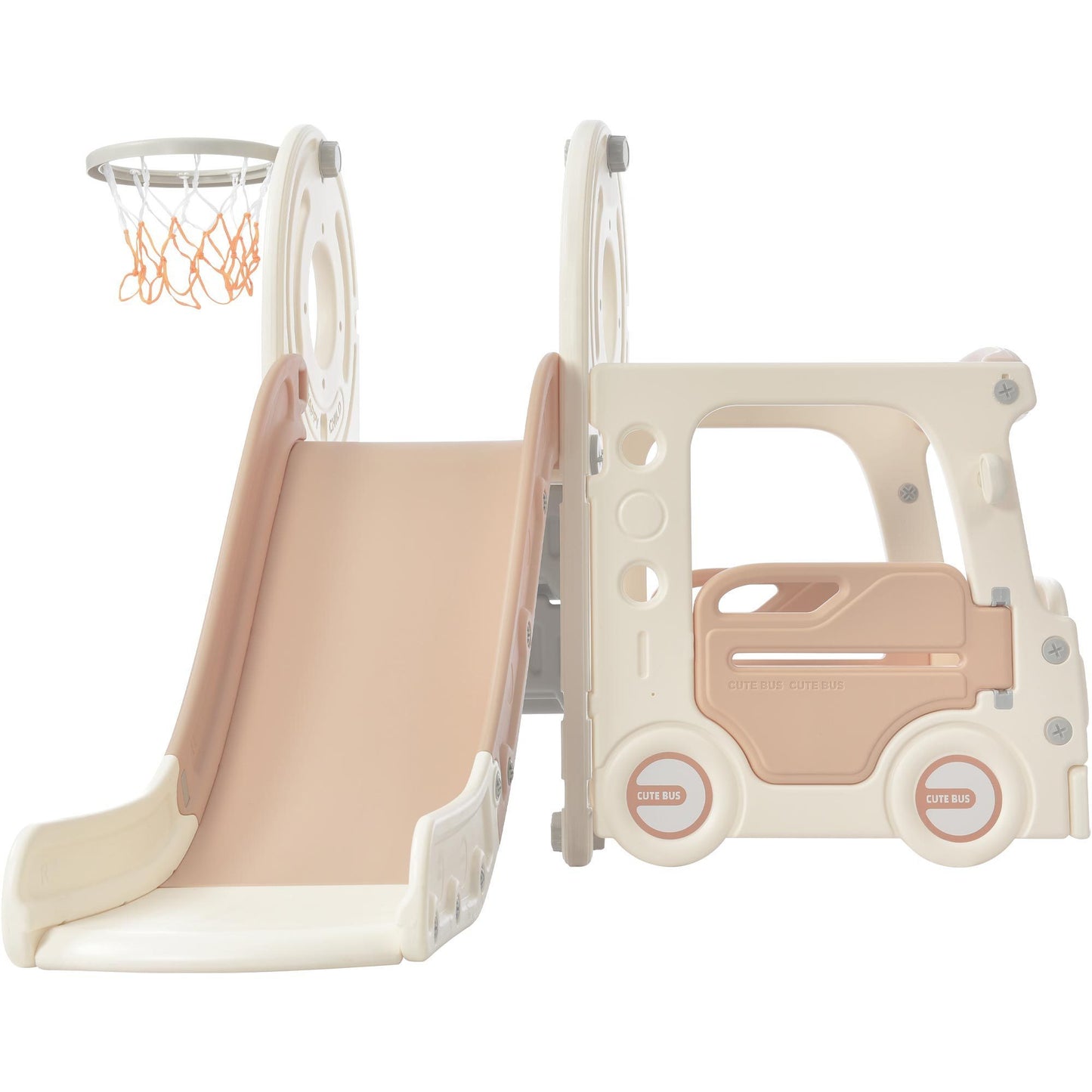 Bus-Themed Kids' Slide Set with Basketball Hoop and Freestanding Play Structure