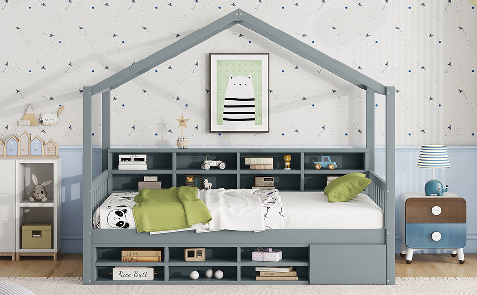 Twin Size Wooden House Bed with Shelves and a Mini-cabinet, Gray