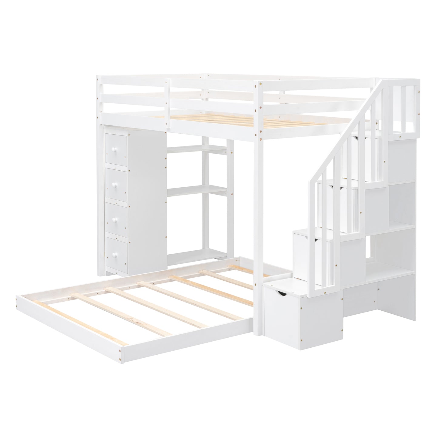 White Twin Over Full Bunk Bed with Storage Stairs & Drawers for Space-Saving Solution