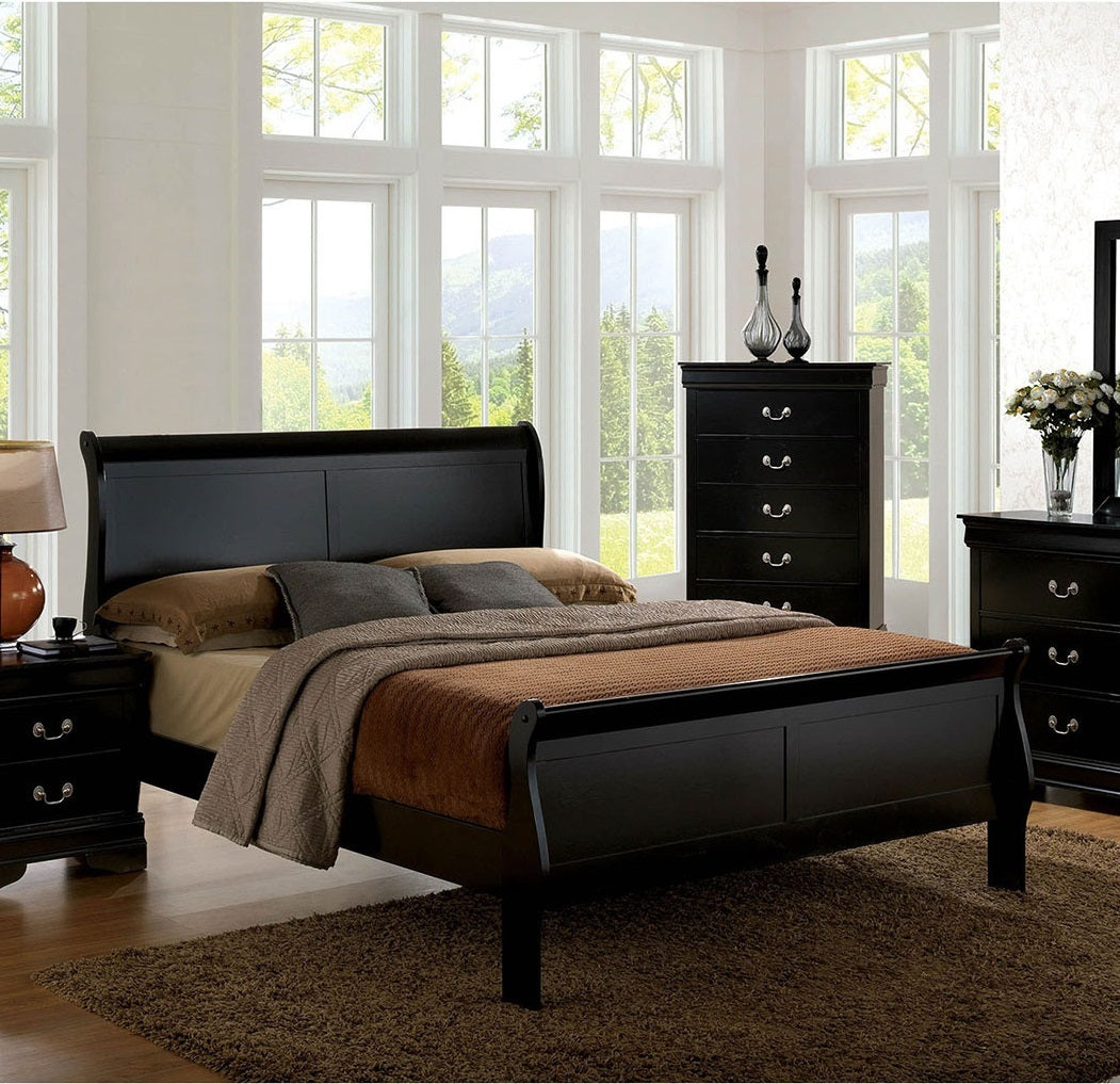 Queen Size Bed Black Louis Phillipe Solidwood 1pc Bed Bedroom Sleigh Bed