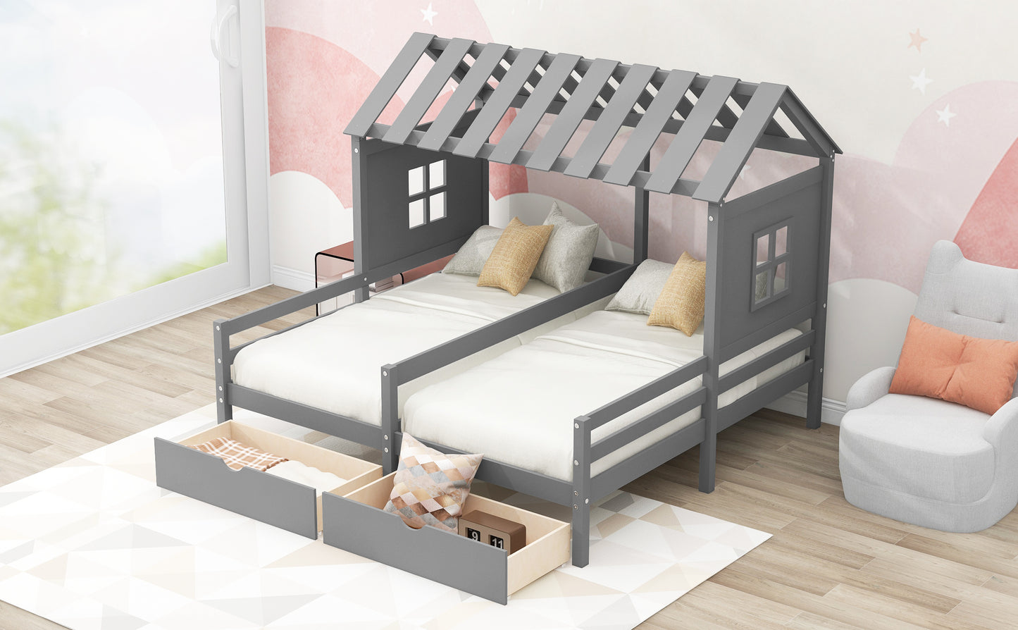 Twin Size House Platform Beds with Two Drawers for Boy and Girl Shared Beds, Combination of 2 Side by Side Twin Size Beds, Gray(: GX000927AAE)(Expected Arrival Time: 1.17)