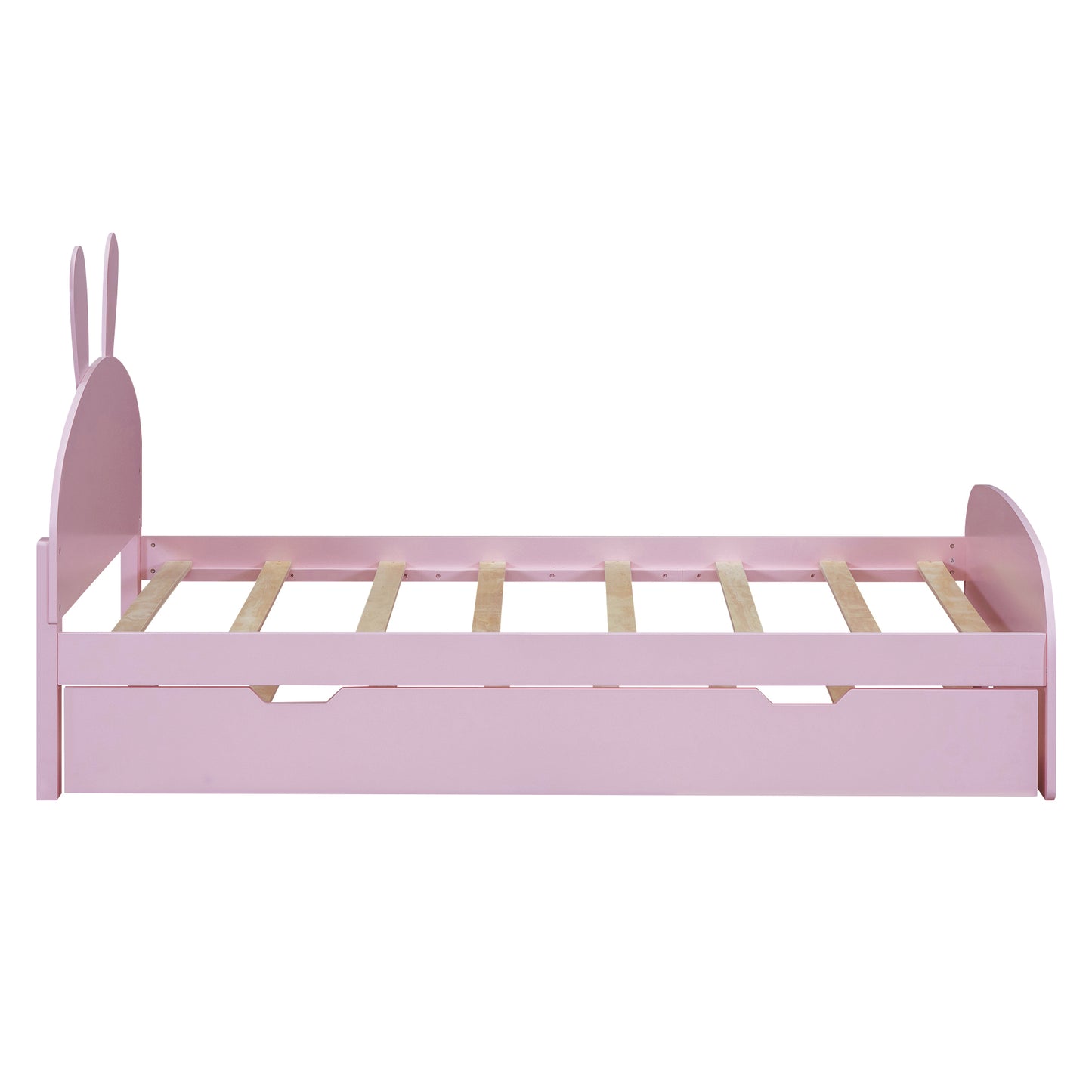 Wood Twin Size Platform Bed with Cartoon Ears Shaped Headboard and Trundle, Pink