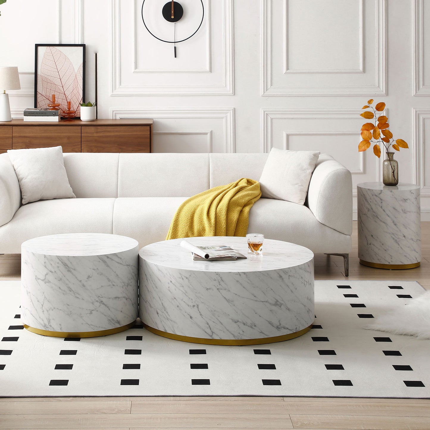 Elegant White Marble Coffee Table with Gold Metal Base