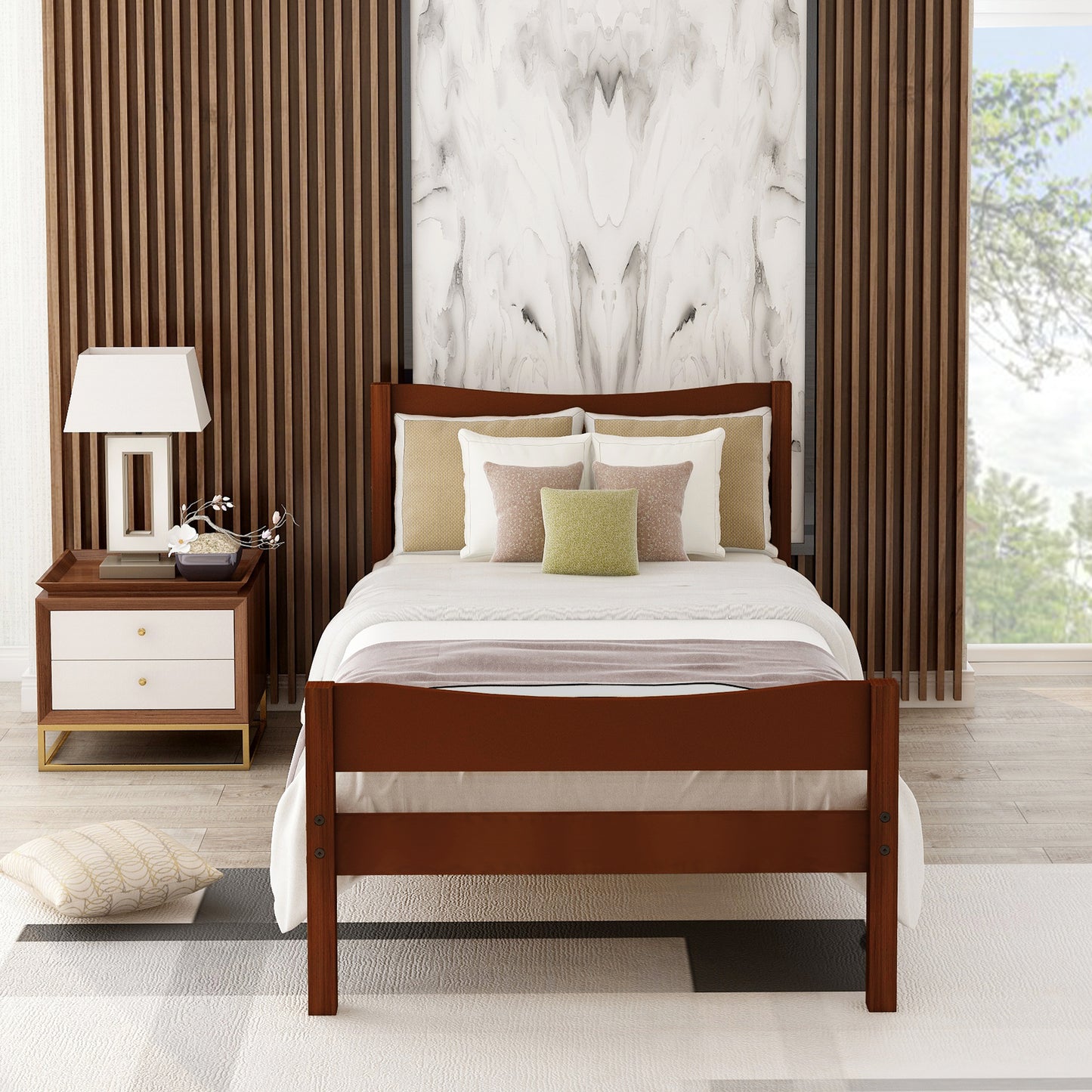 Twin Size  Wood Platform Bed with Headboard and Wooden Slat Support (Walnut)