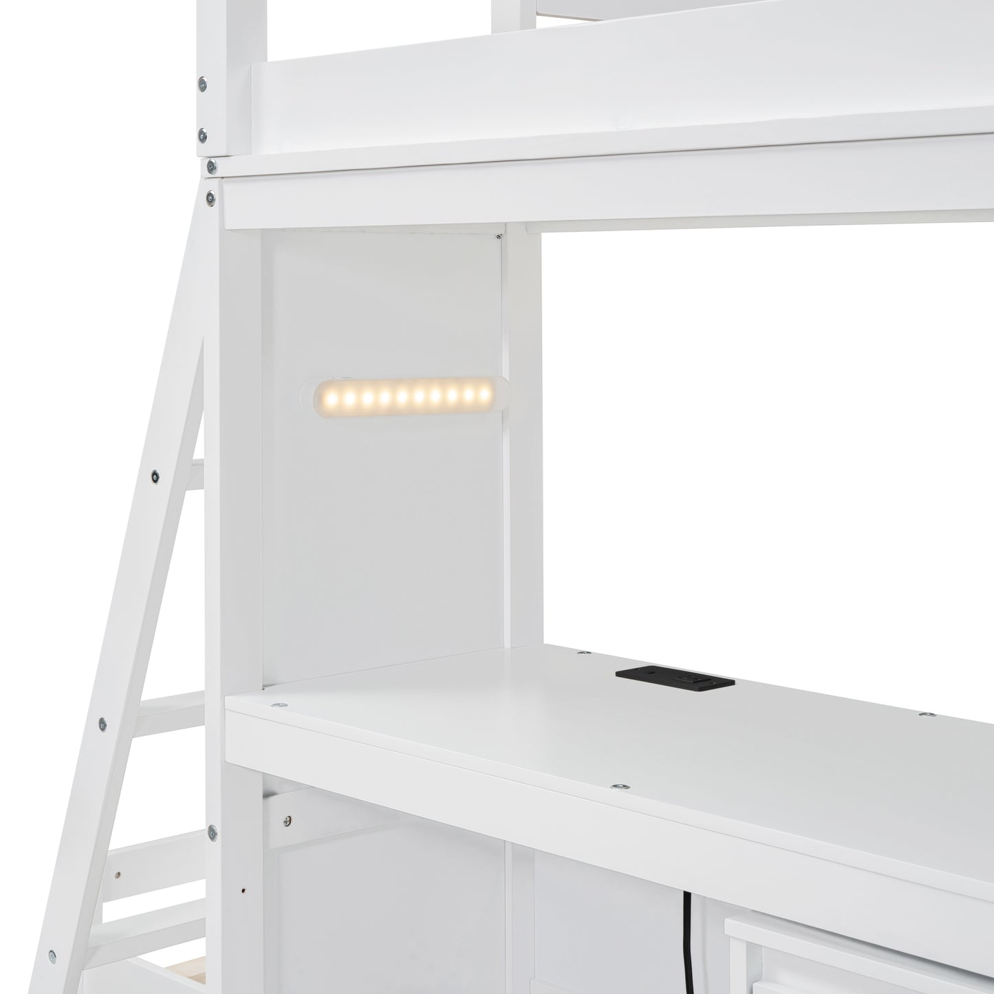 White Twin Bunk Bed with LED Light, USB Ports, and Storage Options