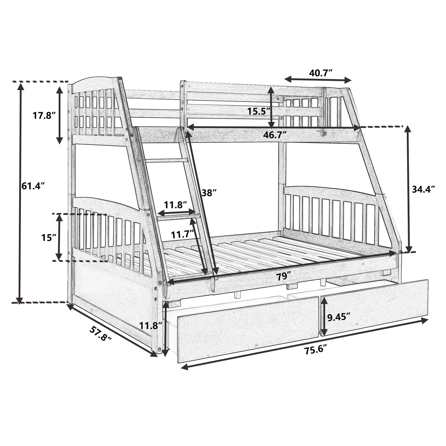 Solid Wood White Twin Over Full Bunk Bed with Two Storage Drawers