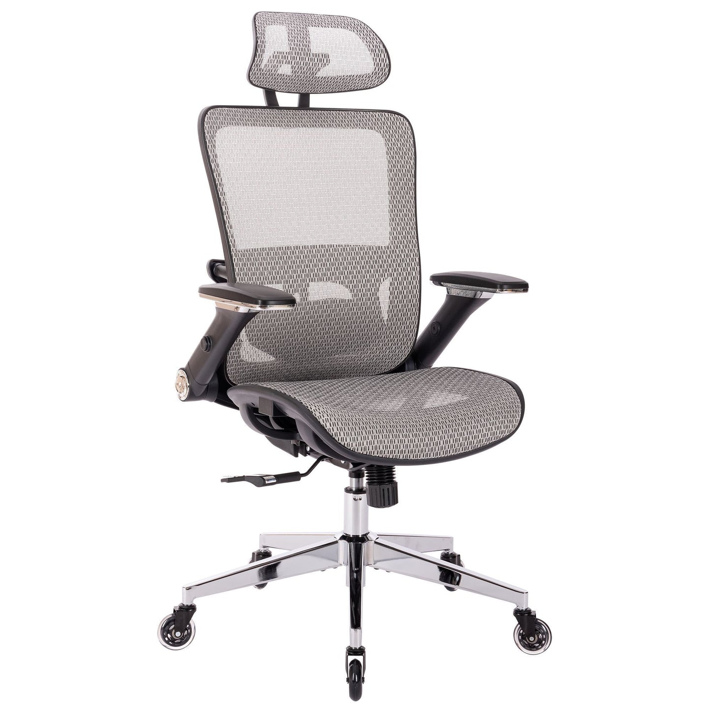 GREY Ergonomic Mesh Office Chair, High Back - Adjustable Headrest with Flip-Up Arms, Tilt and lock Function, Lumbar Support and blade Wheels, KD chrome metal legs