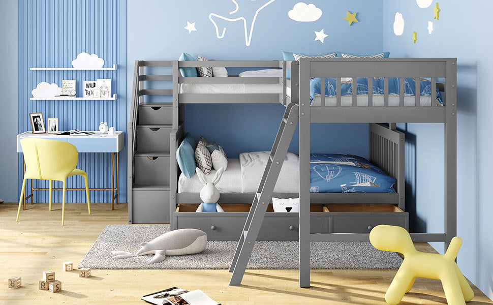 Gray Twin over Full L-Shaped Bunk Bed with Storage Drawers