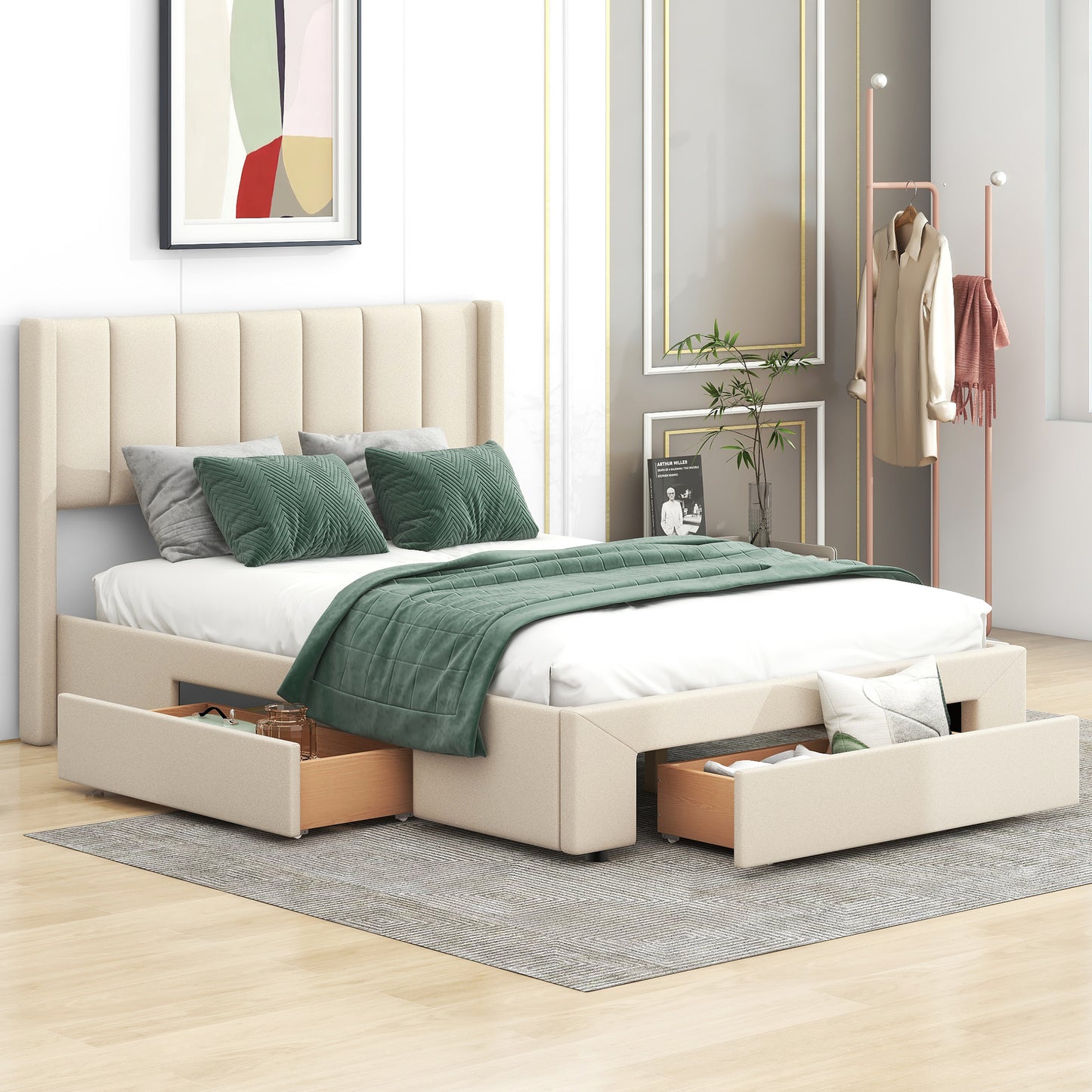 Full Size Upholstered Platform Bed with One Large Drawer in the Footboard and Drawer on Each Side,Beige