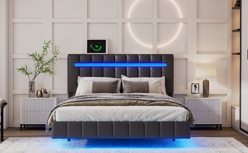 Full Size Floating Bed Frame with LED Lights and USB Charging,Modern Upholstered Platform LED Bed Frame,Black(Full)