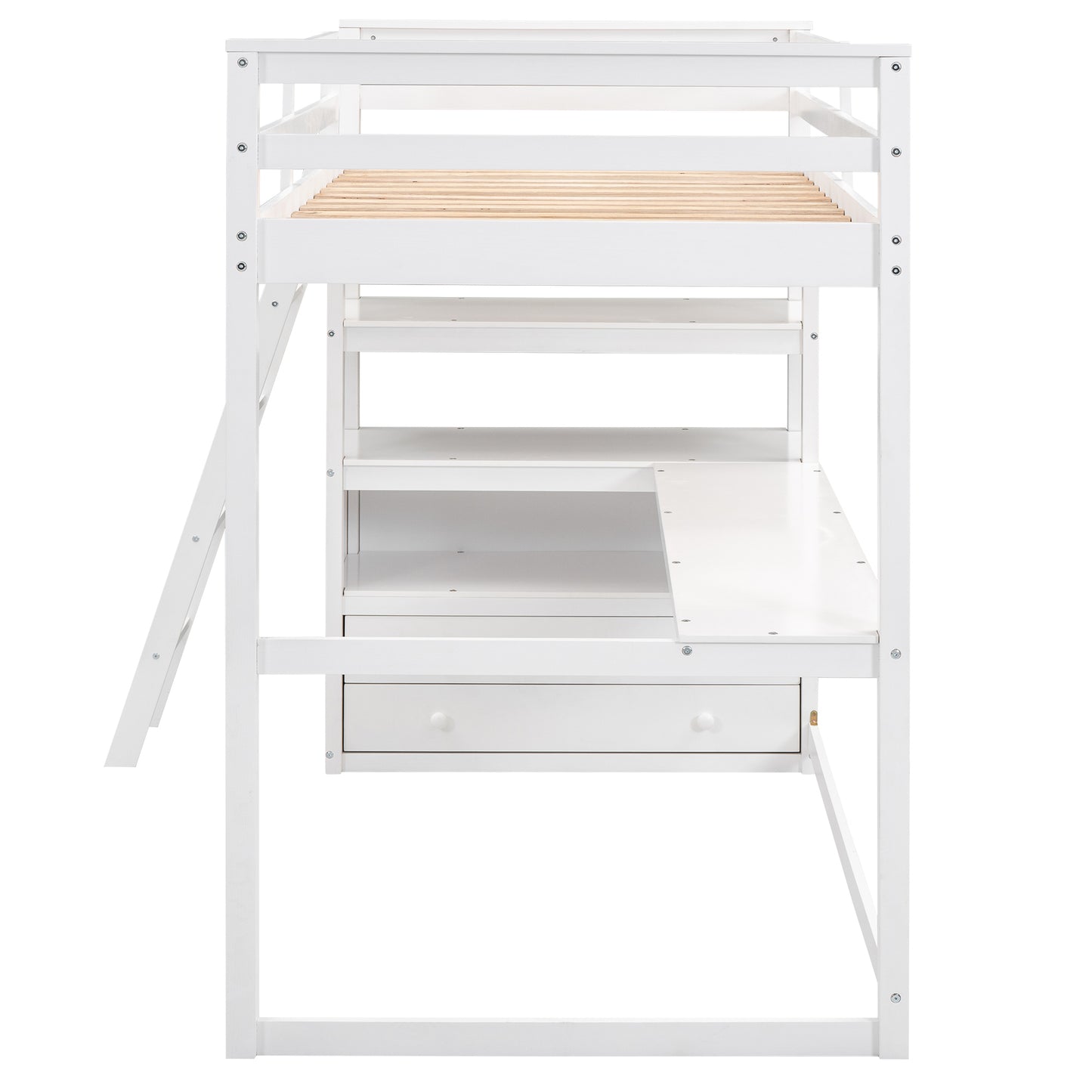 Twin Size Loft Bed with Desk and Shelves, Two Built-in Drawers, White(: GX000423AAK)