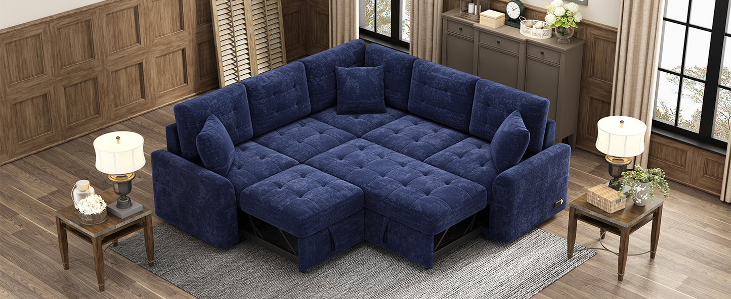 Convertible Navy Blue L-Shape Sleeper Sofa with USB Ports and Power Sockets