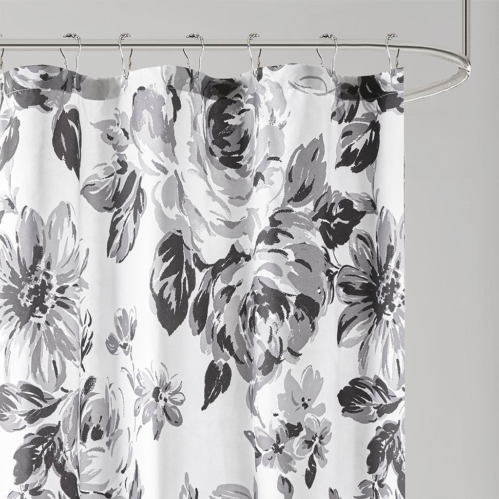 Elegant Black and White Floral Microfiber Shower Curtain