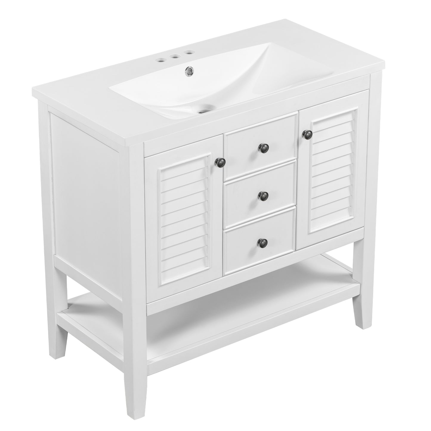 36" Bathroom Vanity with Ceramic Basin, Two Cabinets and Drawers, Open Shelf, Solid Wood Frame, White