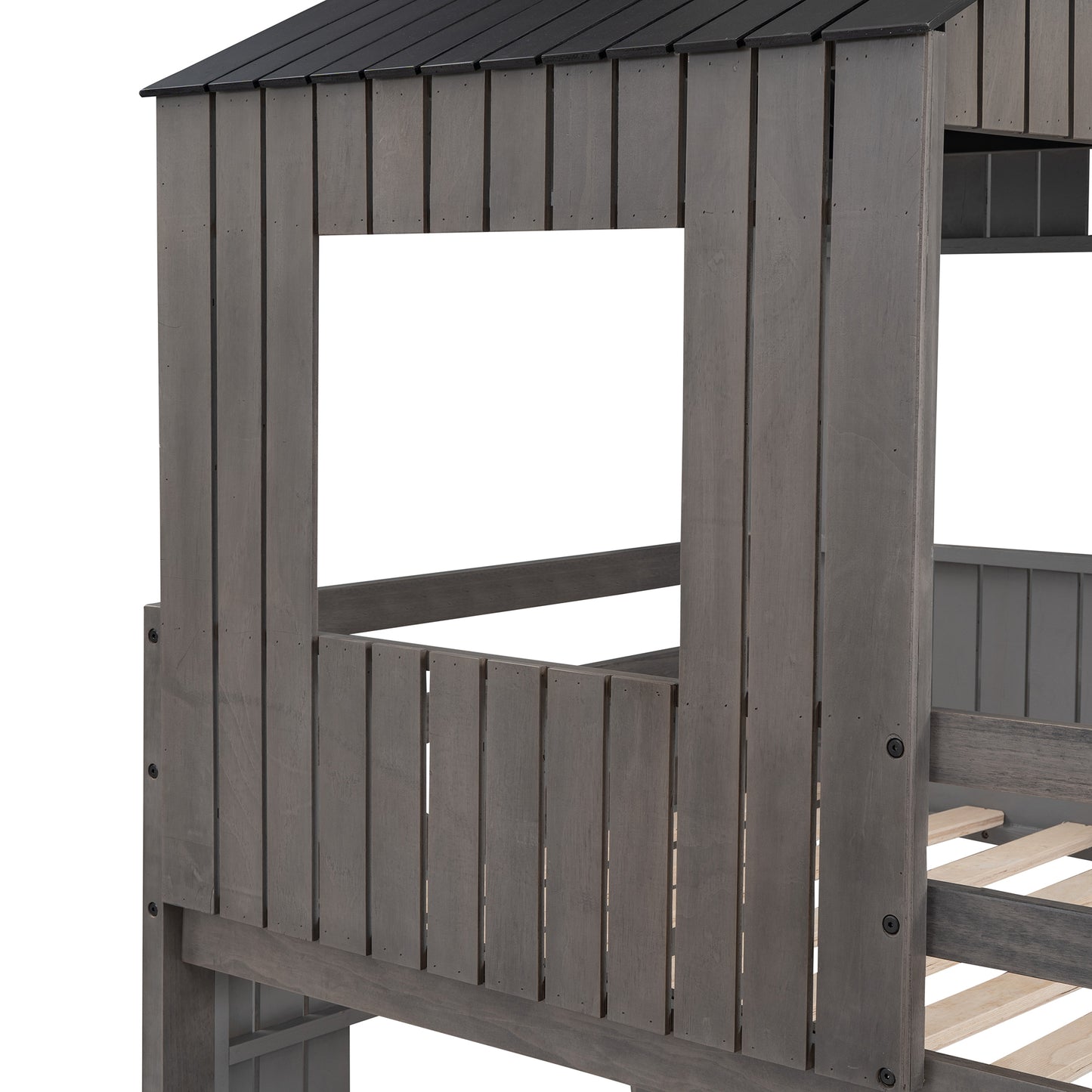 Playhouse Twin Over Full Bunk Bed with Ladder, Slide, and Guardrails in Farmhouse Style