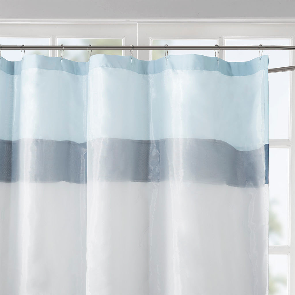 Sophisticated Blue Geometric and Damask Embroidered Shower Curtain