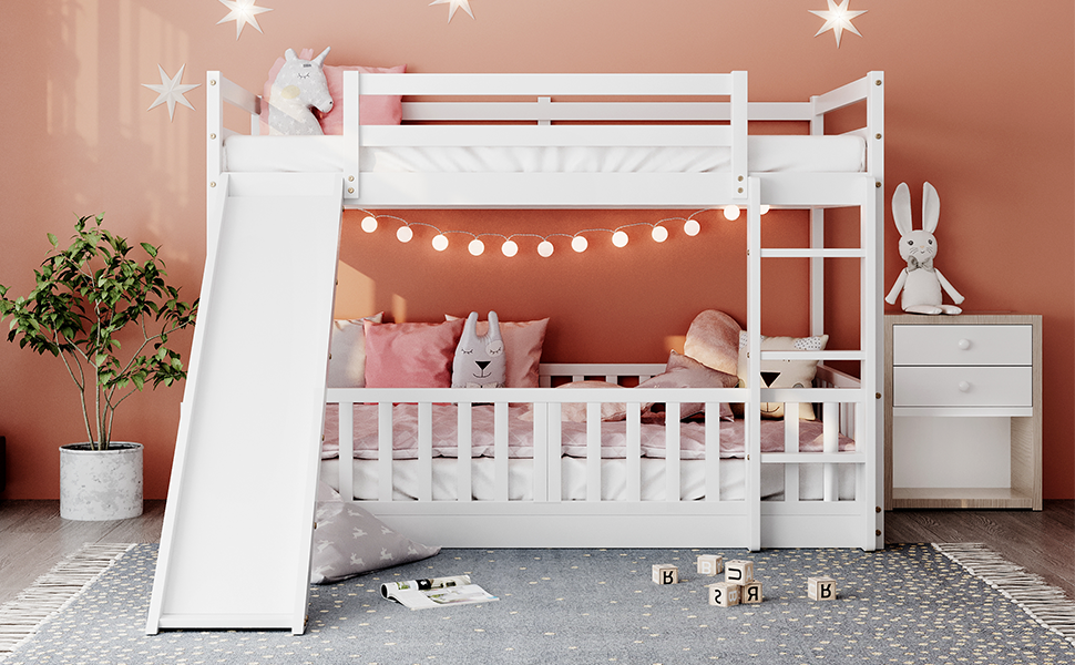 White Twin Bunk Bed with Slide, Ladder, and Space-Saving Design