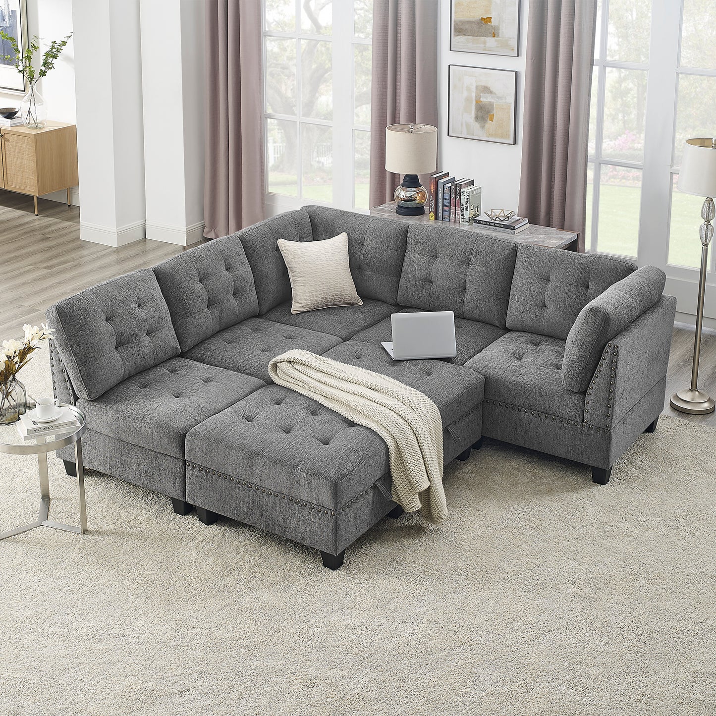 Modular L-Shaped Sectional Sofa Set with Grey Chenille Upholstery