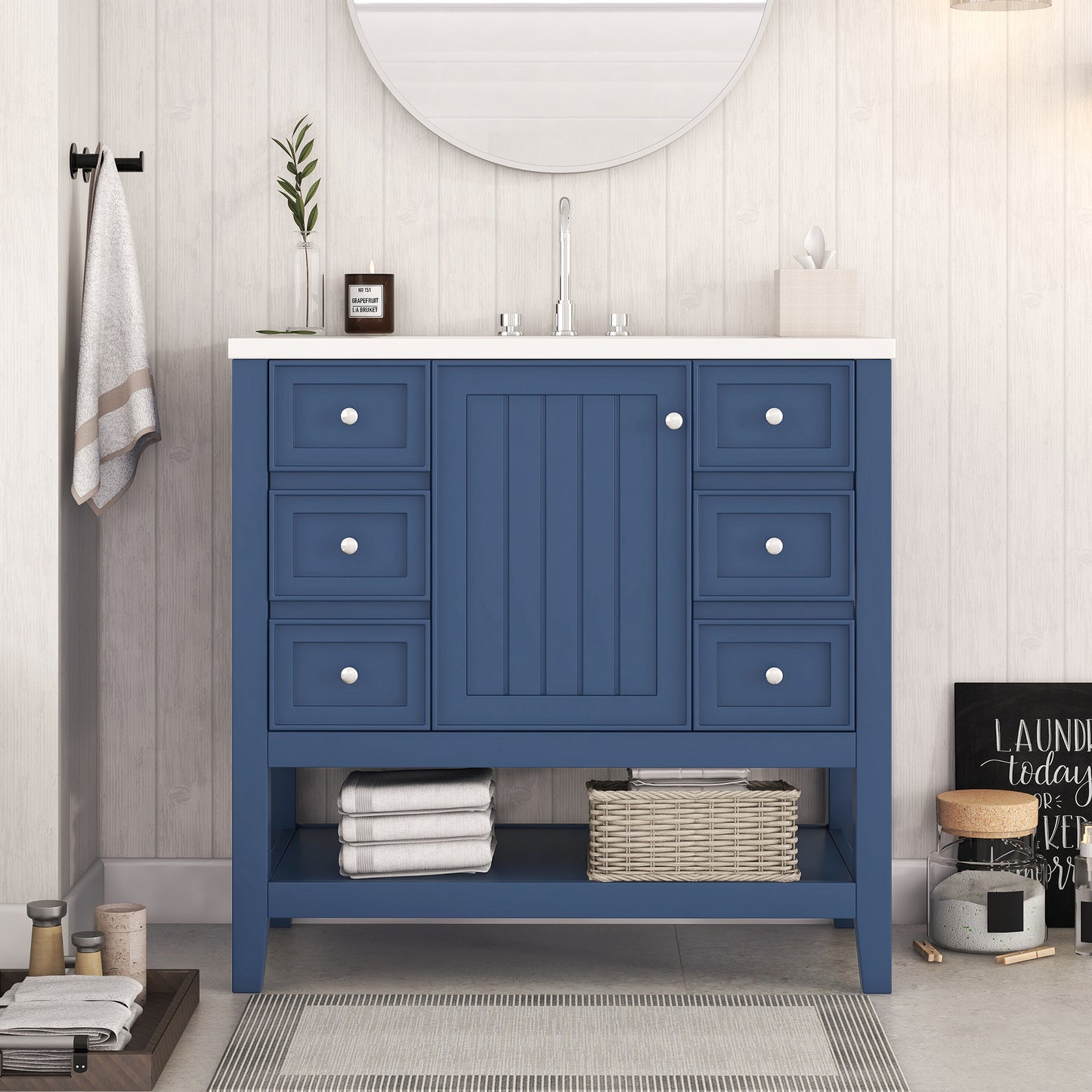 36" Bathroom Vanity with Sink Combo, One Cabinet and Three Drawers, Solid Wood and MDF Board, Blue