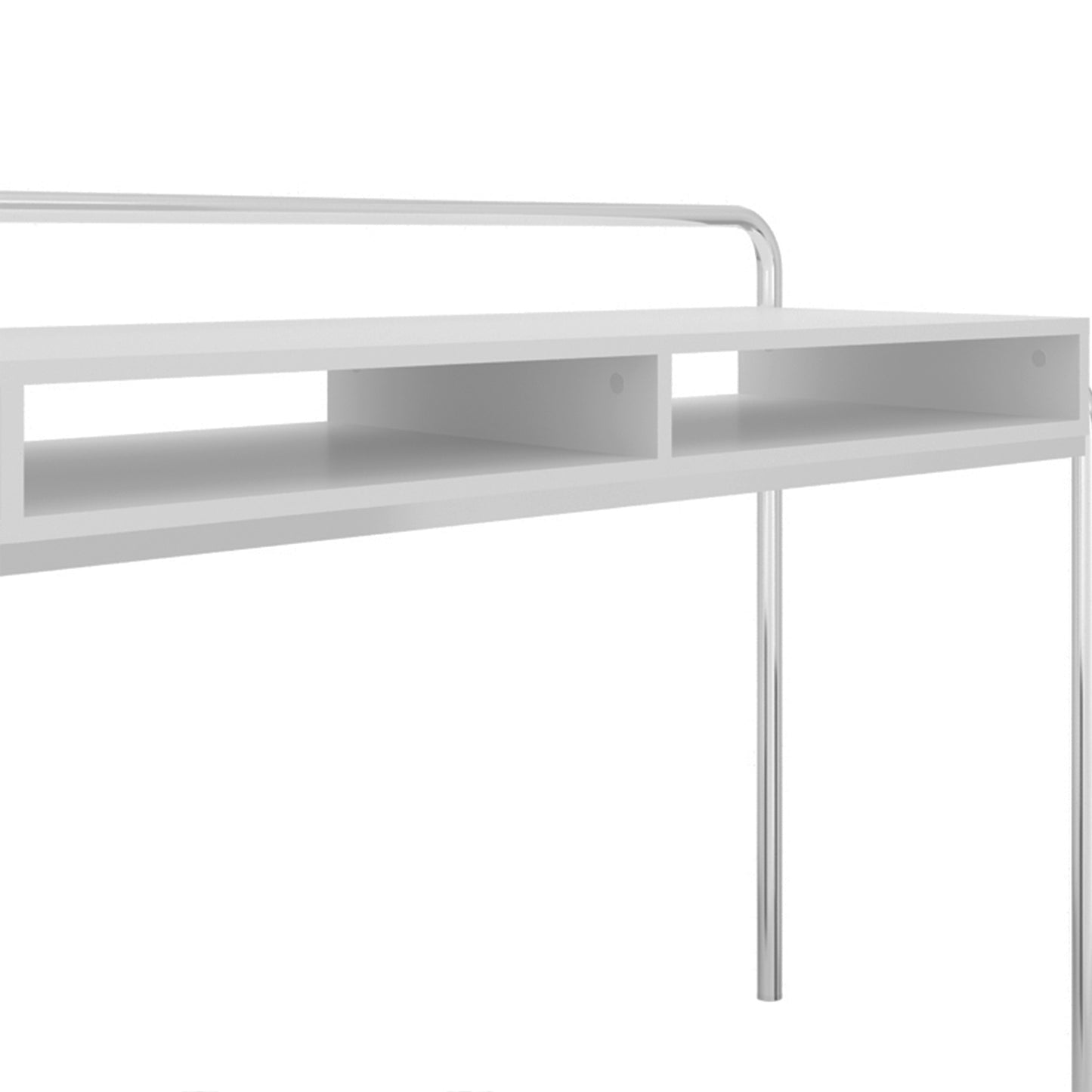 Sleek White Desk with Chrome Accents and Storage Compartments